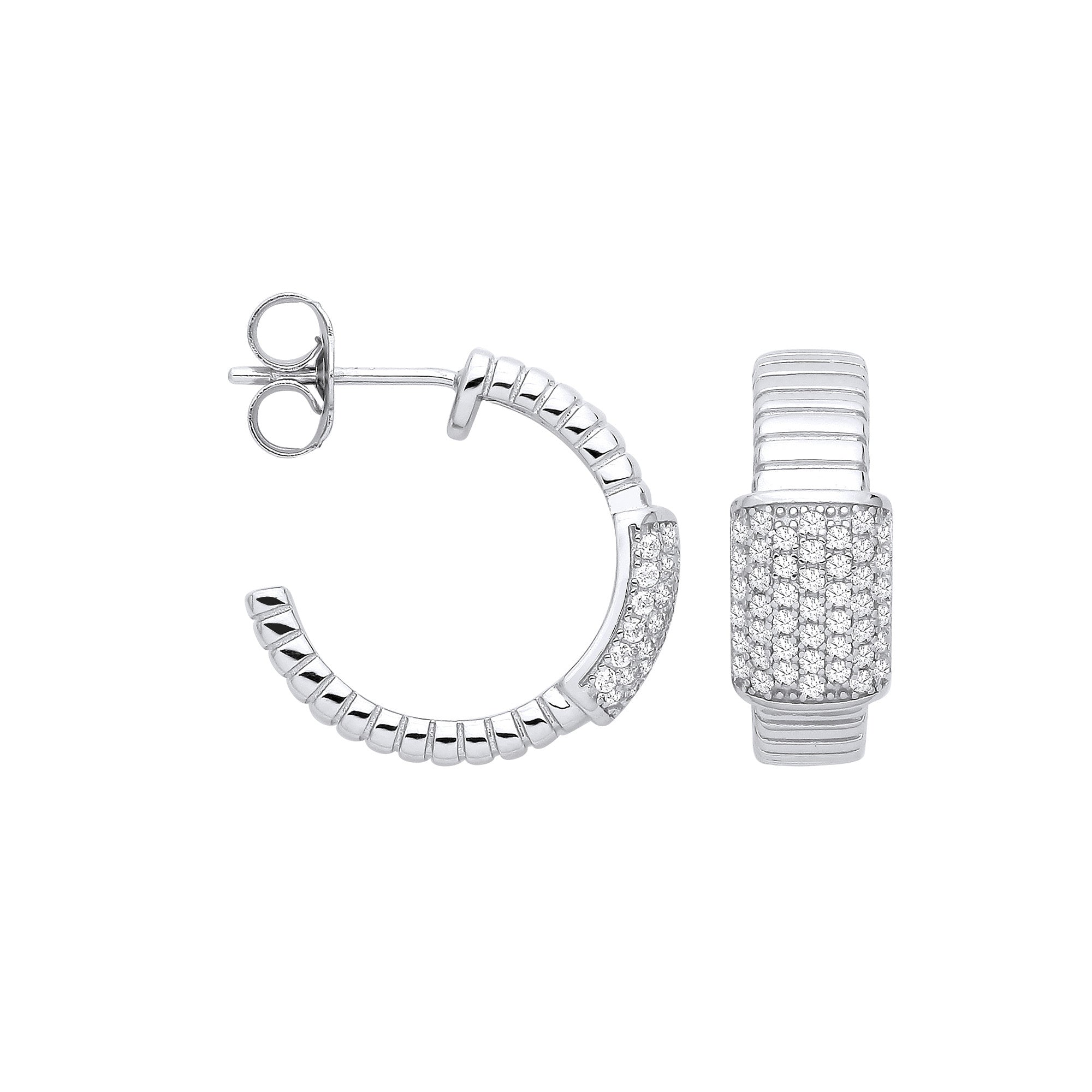 Sterling Silver Ribbed Link with Cubic Zirconia ID Plate Earrings