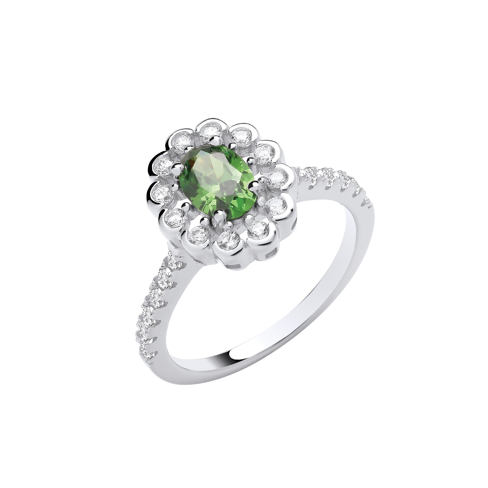 Sterling Silver Green Oval Cubic Zirconia Halo Ring