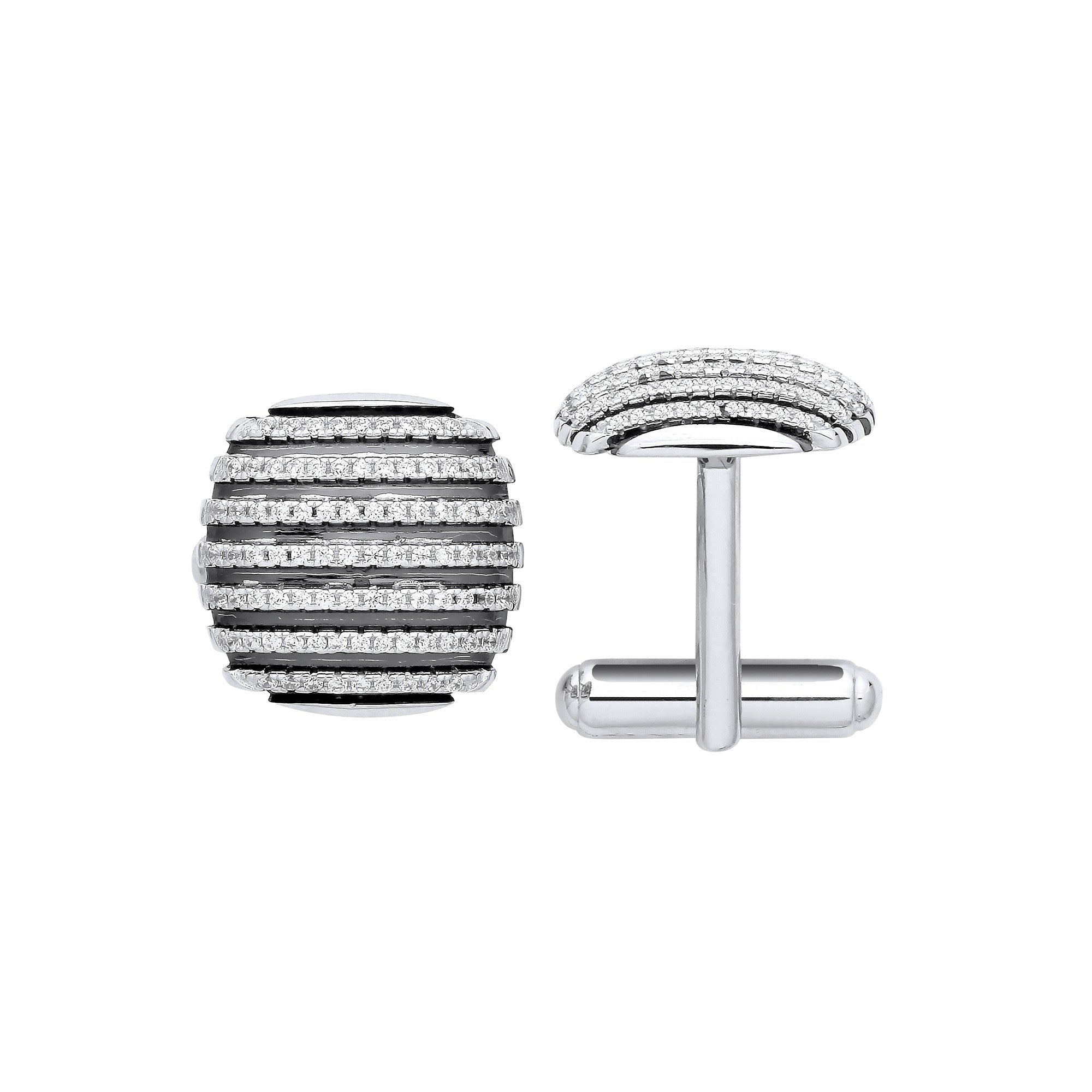 Sterling Silver & Black Stripes, Cubic Zirconia Domed Cufflinks