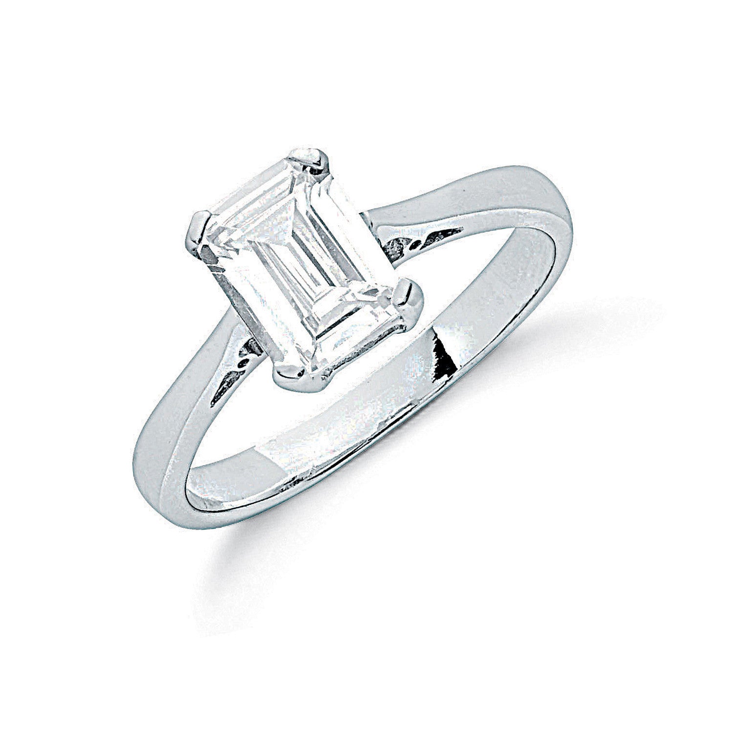 Sterling Silver Claw Set Emerald Cut Cubic Zirconia Solitaire Ring