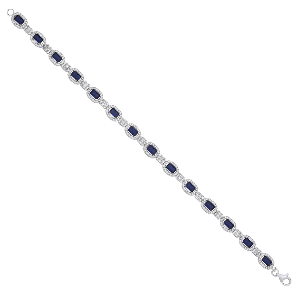 Sterling Silver Clear Cubic Zirconia & Blue Sapphire Glass Halo Style Ladies Bracelet