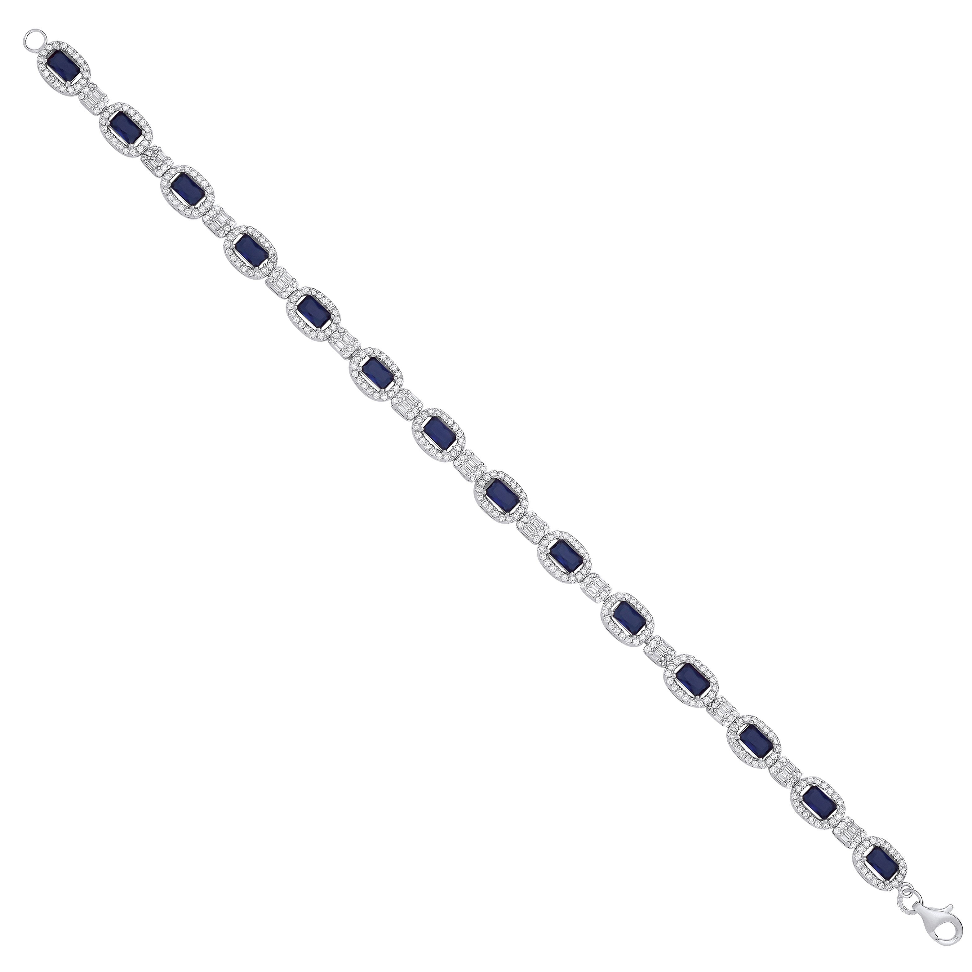 Sterling Silver Clear Cubic Zirconia & Blue Sapphire Glass Halo Style Ladies Bracelet