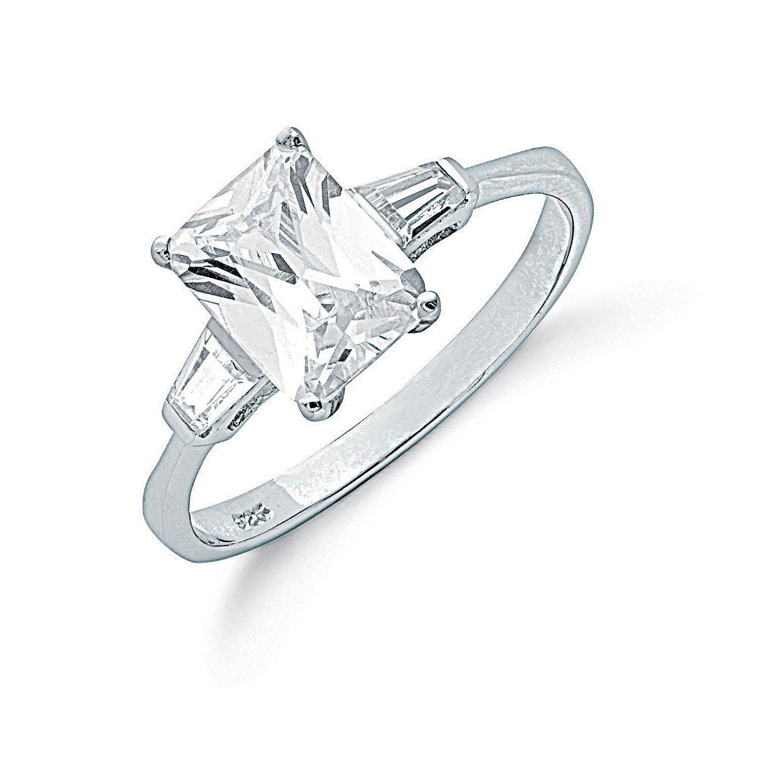 Sterling Silver Claw Set Emerald Cut Cubic Zirconia Solitaire Ring