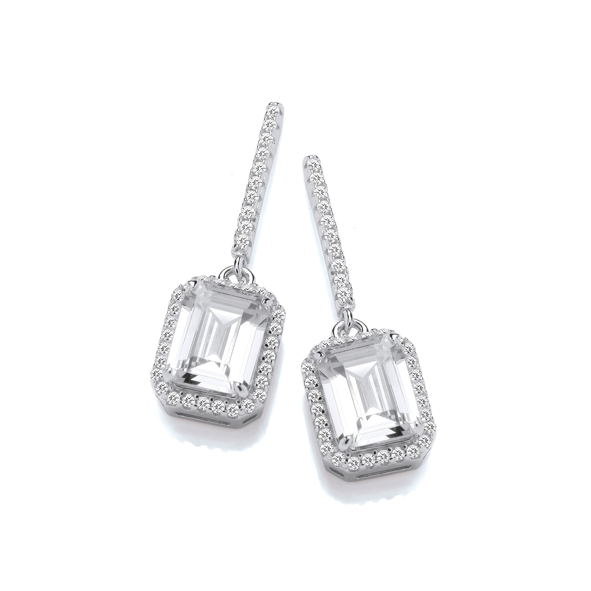 Emerald Cut Cubic Zirconia Halo Sterling Silver Drop Earrings