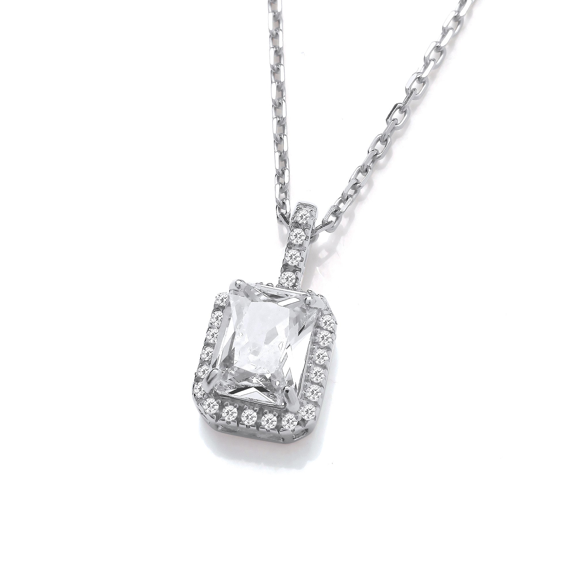 Emerald Cut Cubic Zirconia Halo , Cubic Zirconia Bail Sterling Silver Pendant with Chain