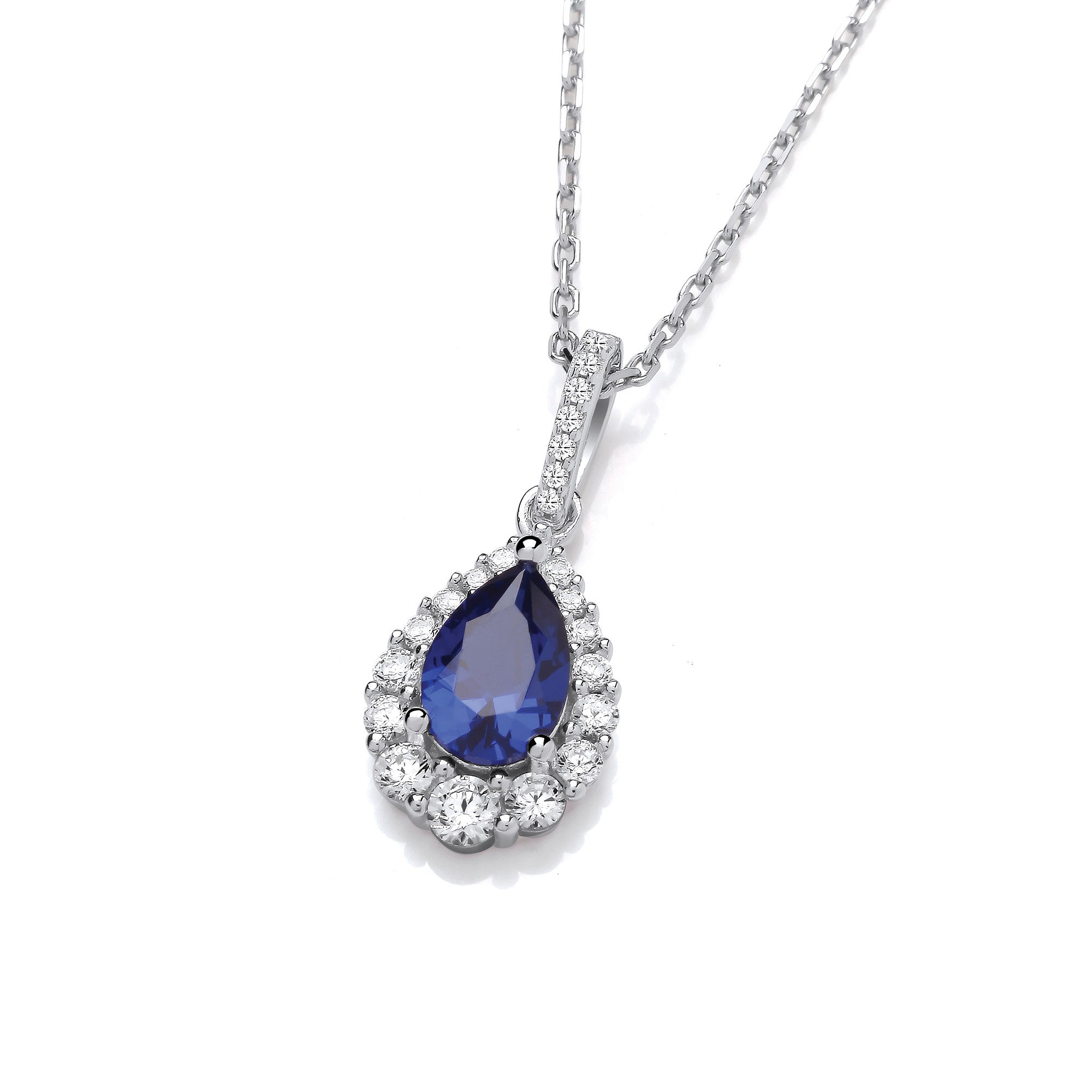Blue Teardrop Cubic Zirconia Sterling Silver Pendant with Chain