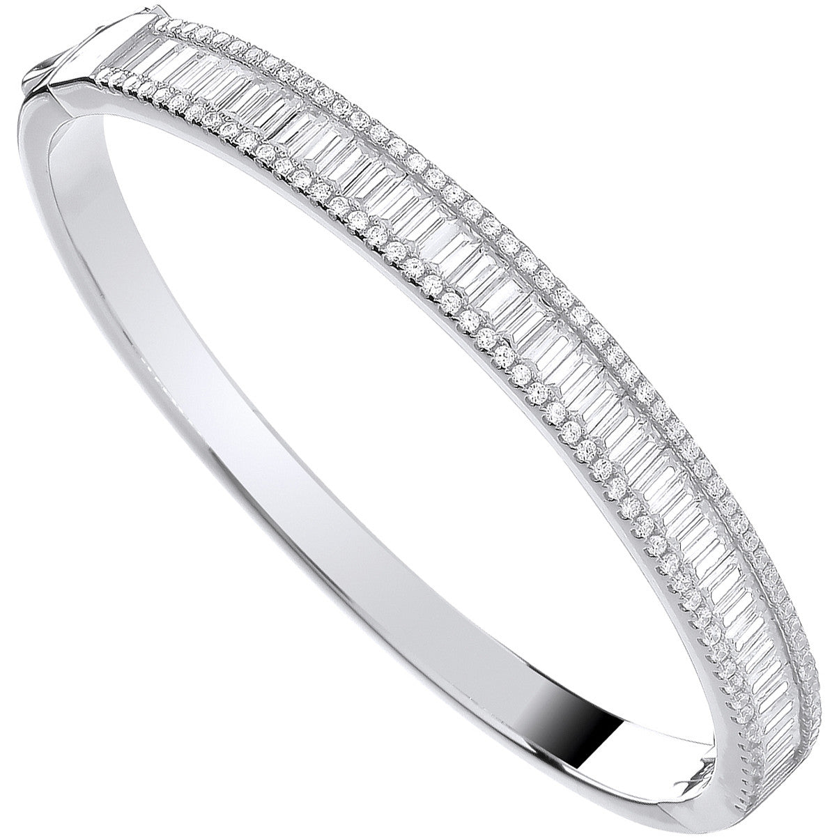 Sterling Silver Hinged Baguette & Round Cubic Zirconias Bangle