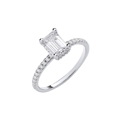 18ct White Gold 1.23ctw Emerald Cut Lab Grown Hidden Halo Diamond Ring IGI Certified