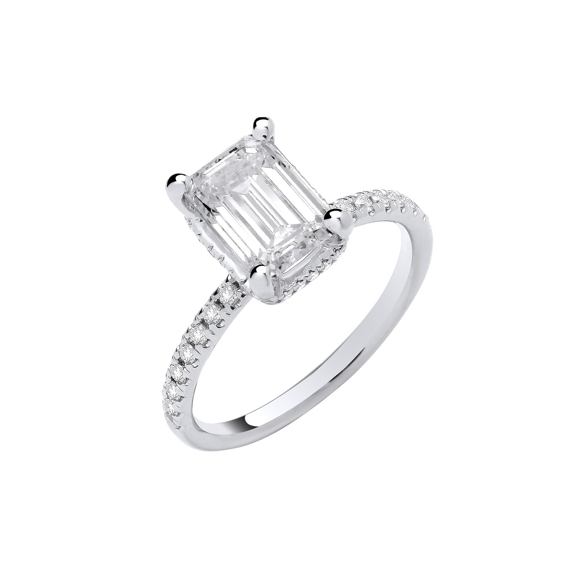 18ct White Gold 2.25ctw Emerald Cut Lab Grown Hidden Halo Diamond Ring IGI Certified