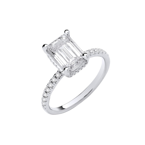 18ct White Gold 2.25ctw Emerald Cut Lab Grown Hidden Halo Diamond Ring IGI Certified