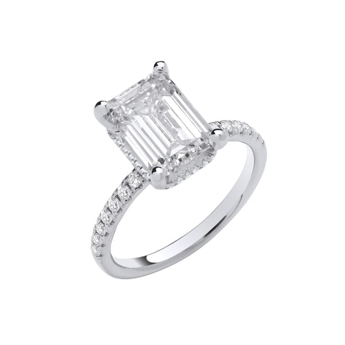18ct White Gold 3.30ctw Emerald Cut Lab Grown Hidden Halo Diamond Ring IGI Certified