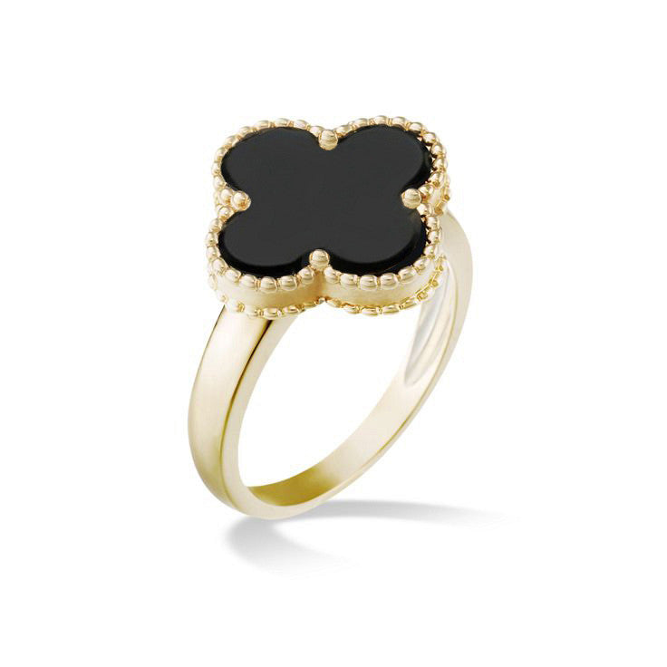 Yellow Gold Onyx Clover Ladies Ring