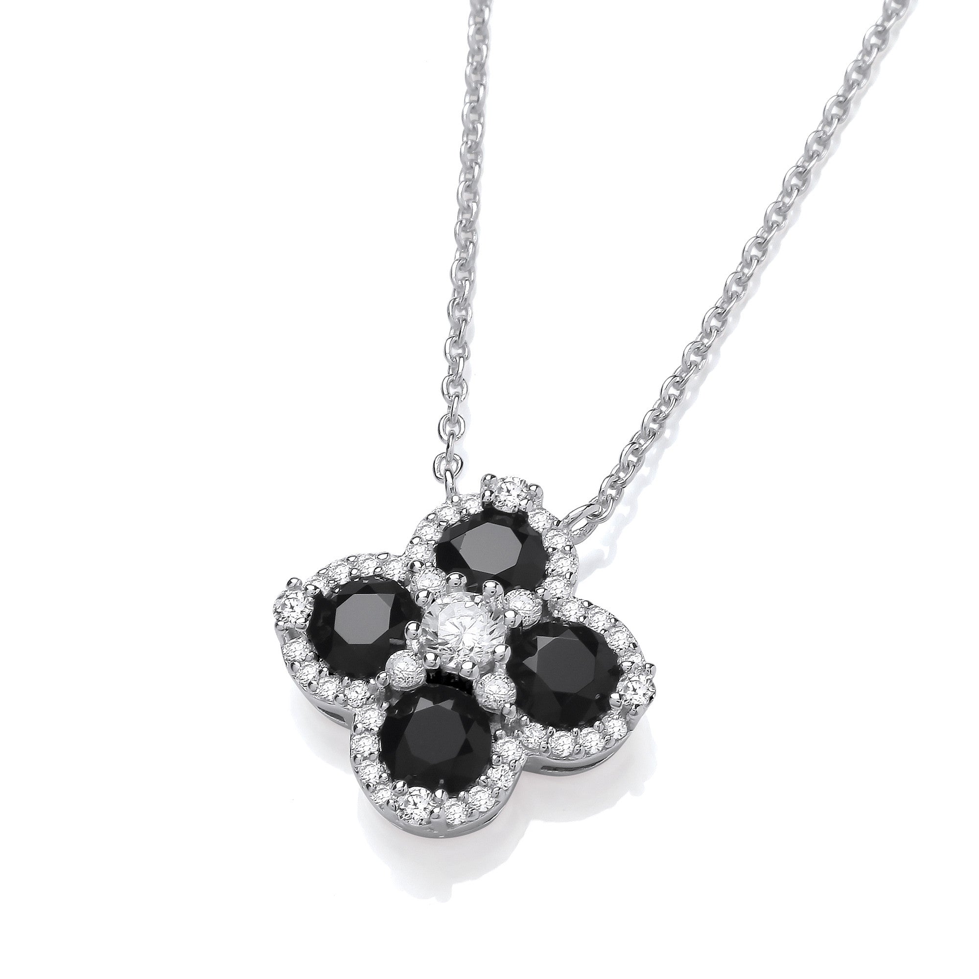 Black Four Leaf Clover Cubic Zirconia Sterling Silver Necklace