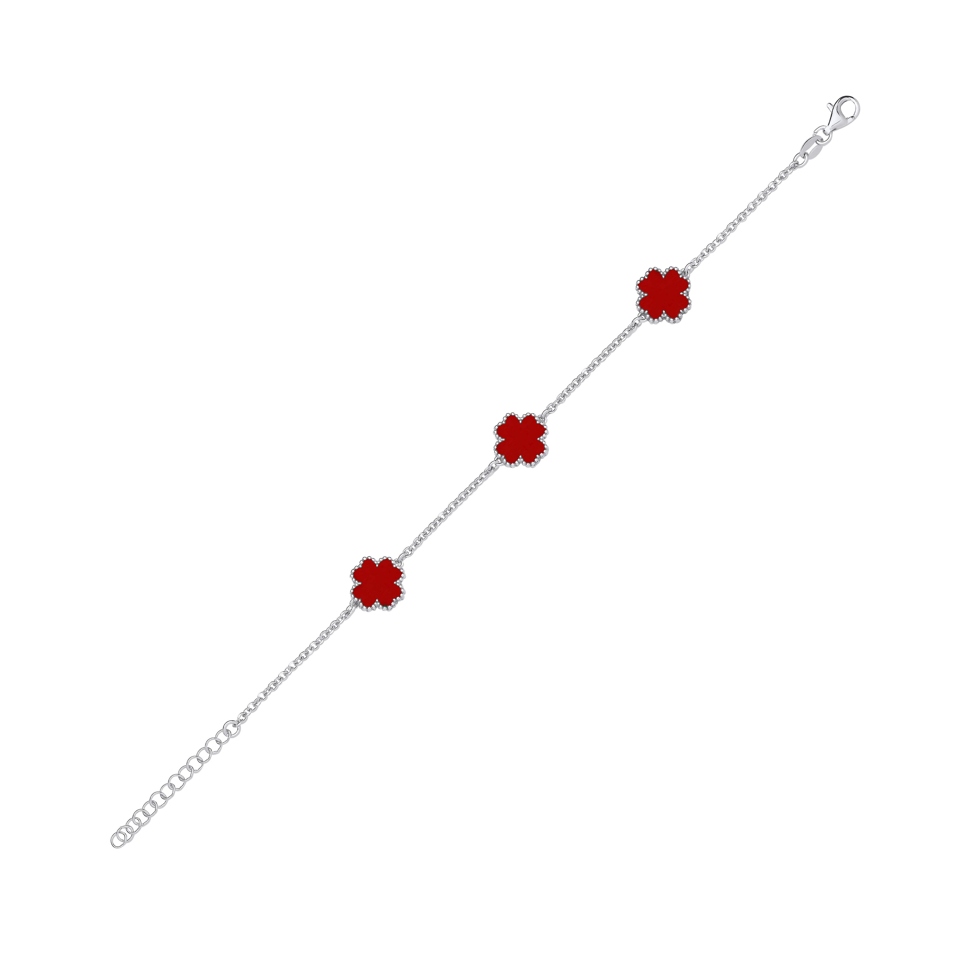 Sterling Silver Red Enamel Four Leaf Clover Bracelet