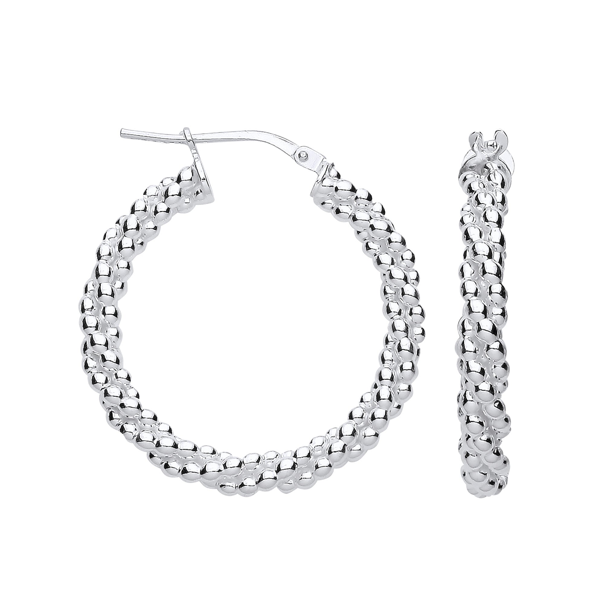 Sterling Silver 28mm Beaded Hoop Earrings