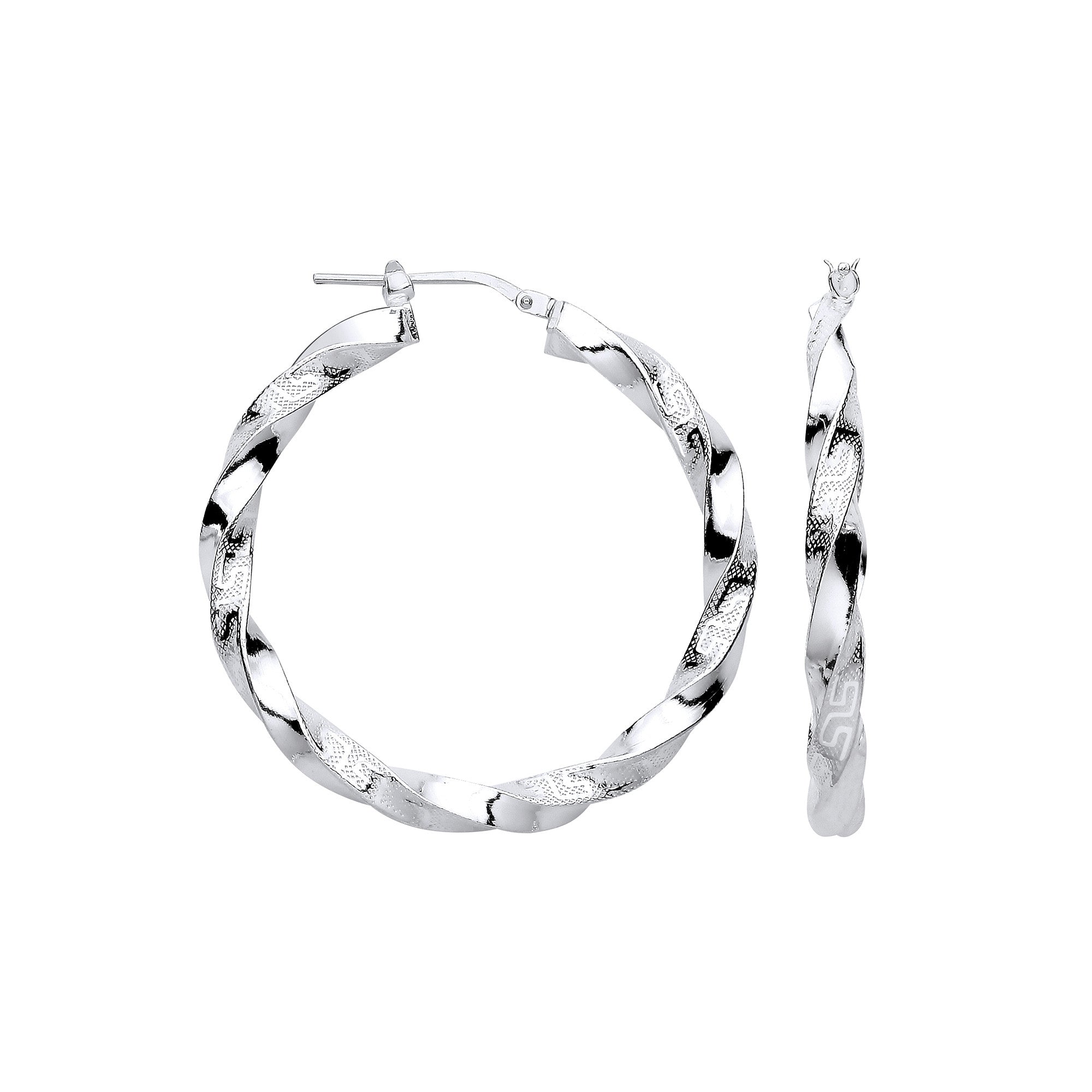 Sterling Silver Greek Key Twist Hoop 37mm Earrings