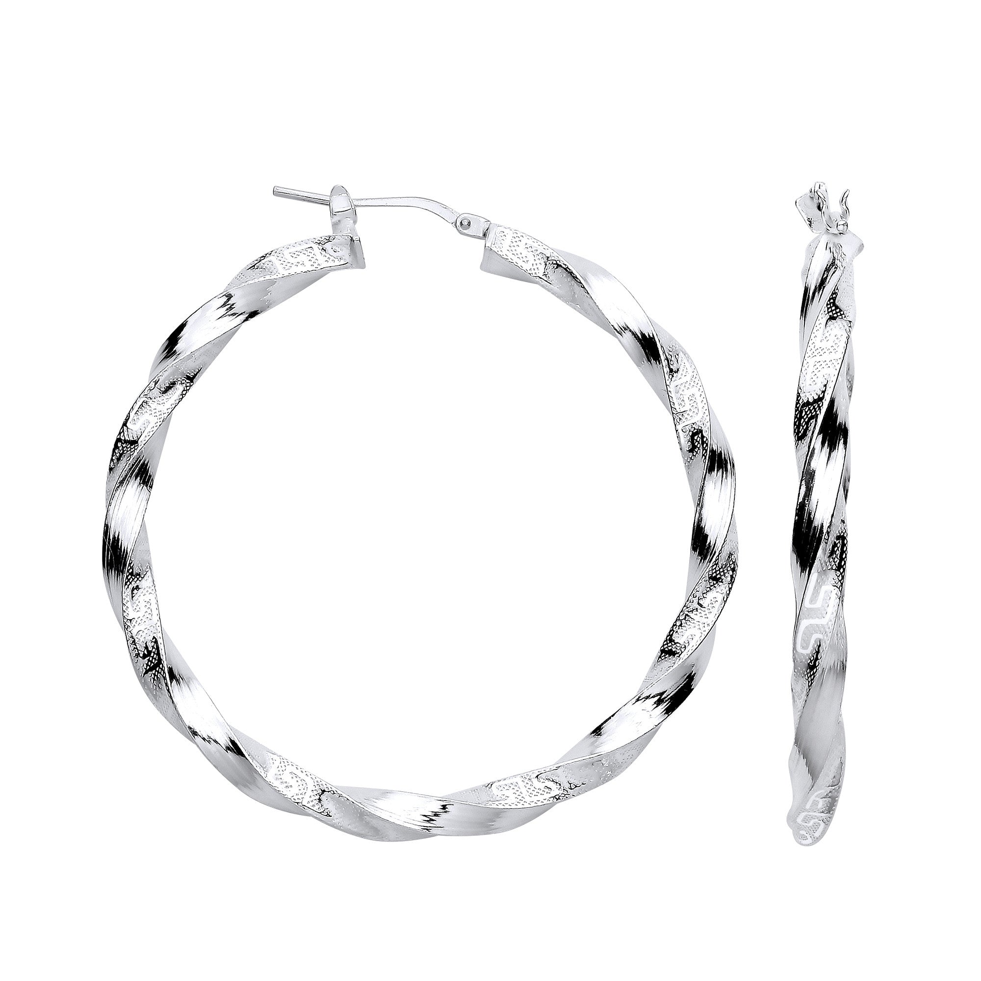 Sterling Silver Greek Key Twist Hoop 48mm Earrings