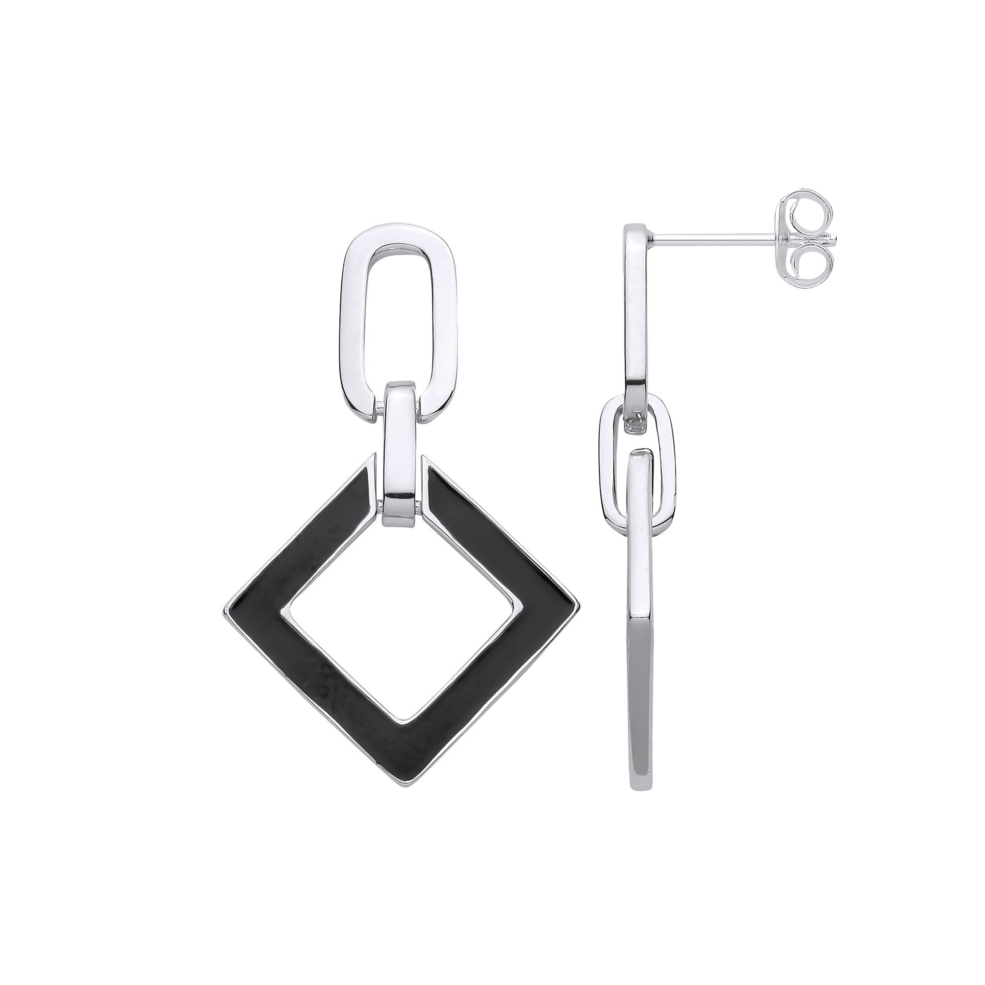 Sterling Silver Square Black Enamel Drop Earrings