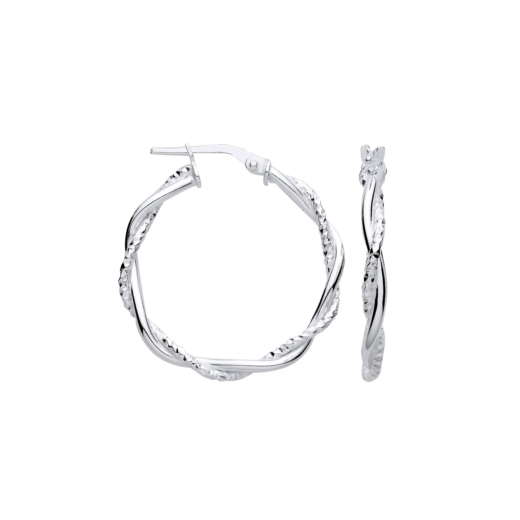 Sterling Silver Diamond Cut & Plain Twist Medium Hoop Earrings