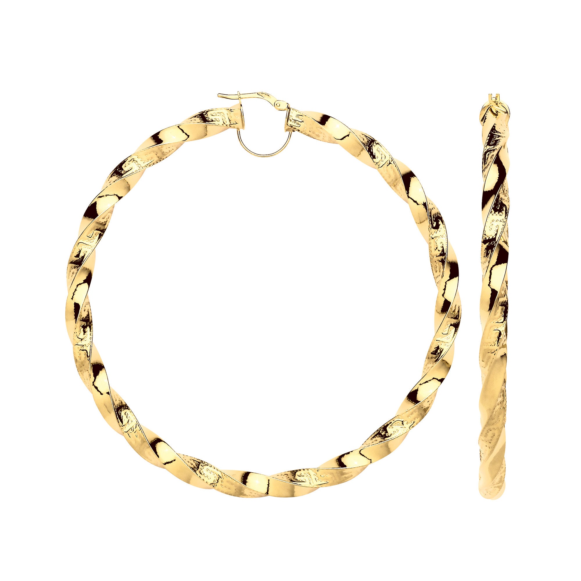 9ct Yellow Gold Twisted Greek Key 75mm Hoop Earrings