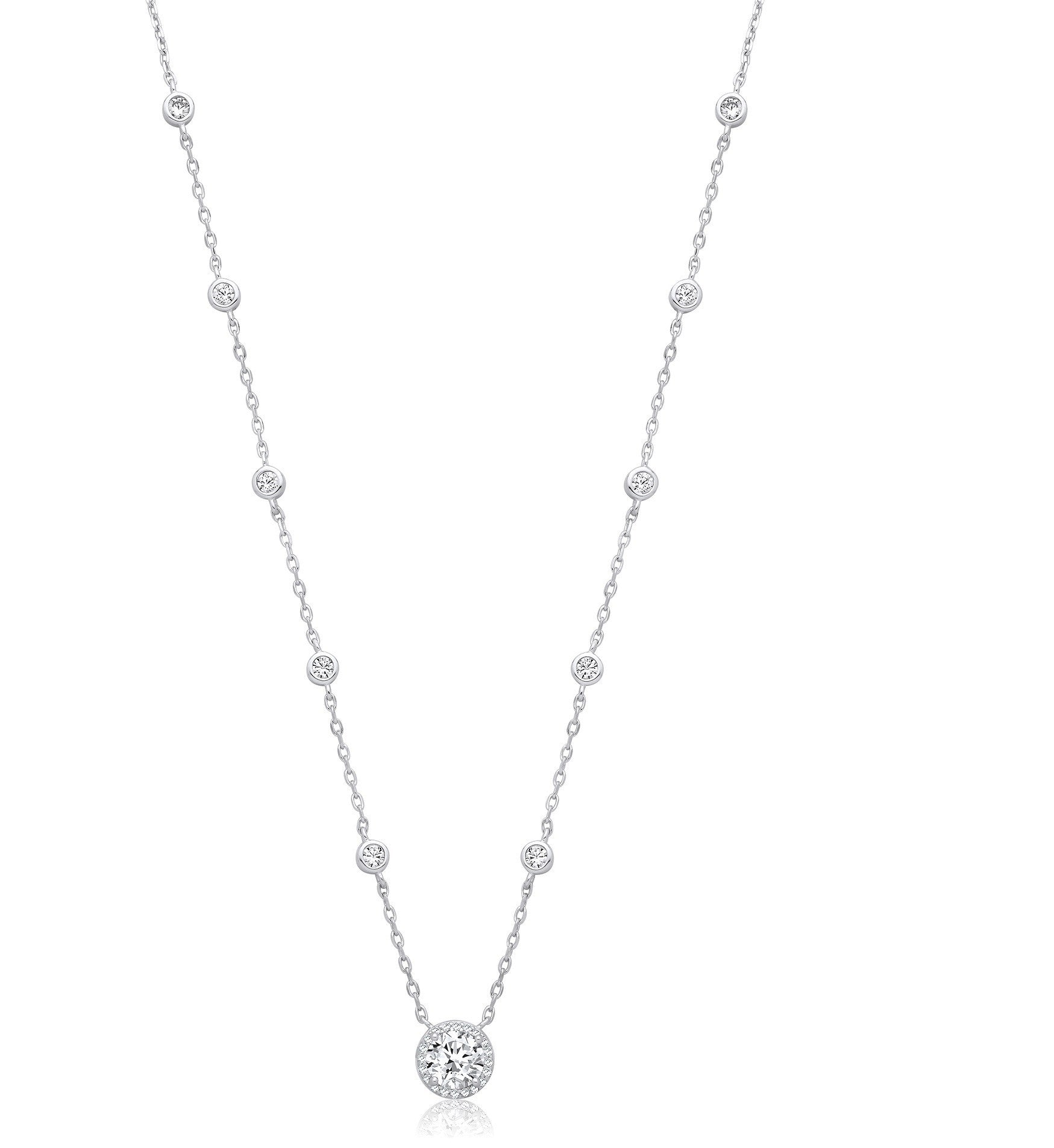 Sterling Silver 10 Rubover Cubic Zirconias with Halo Cubic Zirconia Pendant Necklace