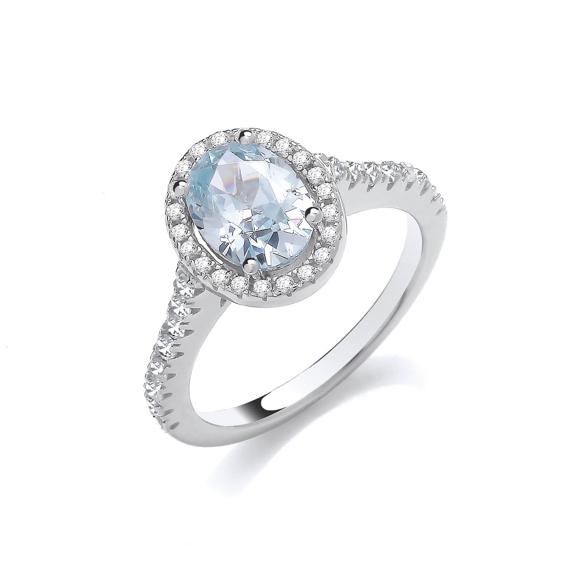 Oval Aquamarine Cubic Zirconia Halo Ladies Sterling Silver Ring
