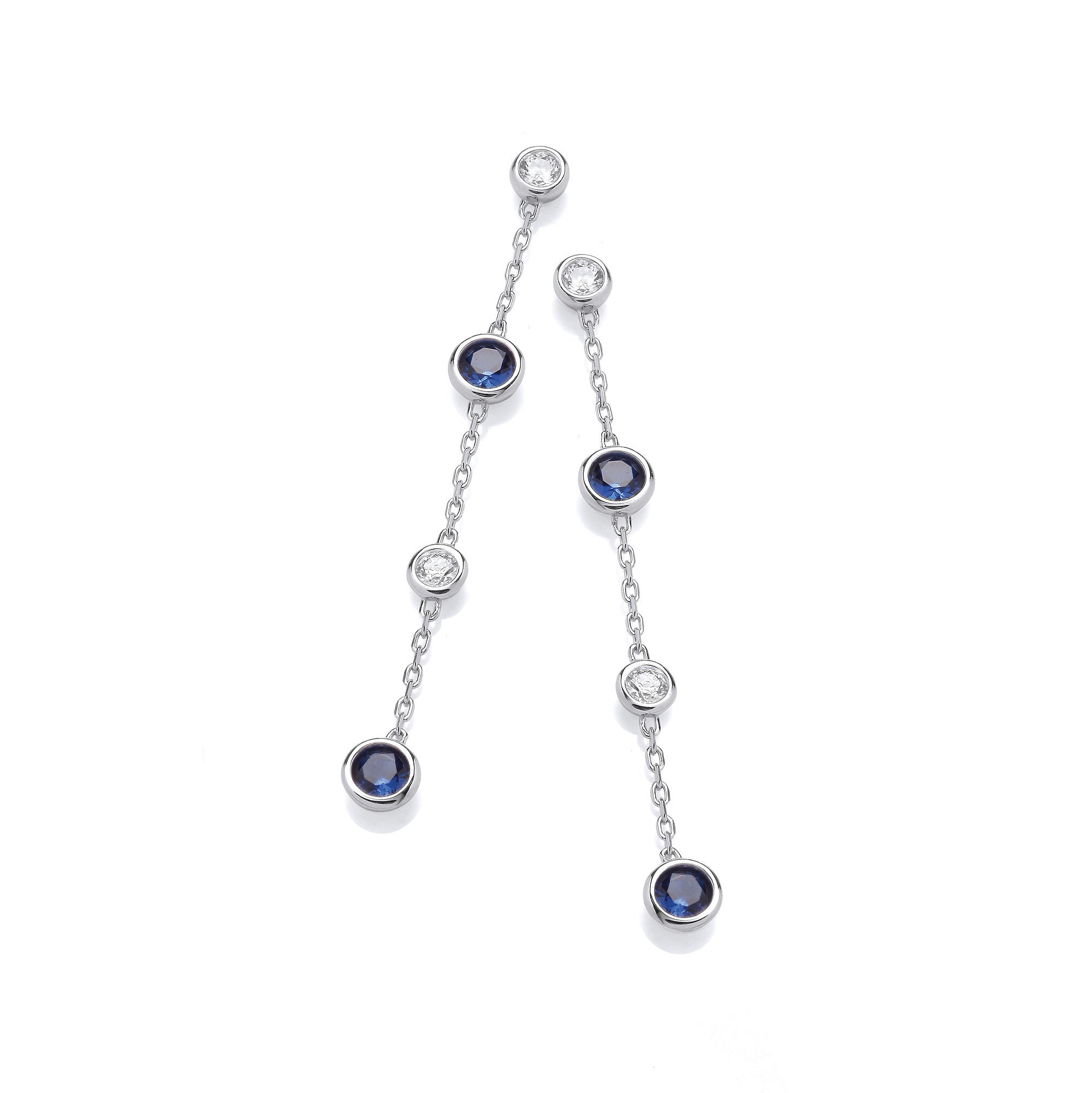 Sterling Silver Rubover Clear & Blue Cubic Zirconia's Drop Earrings