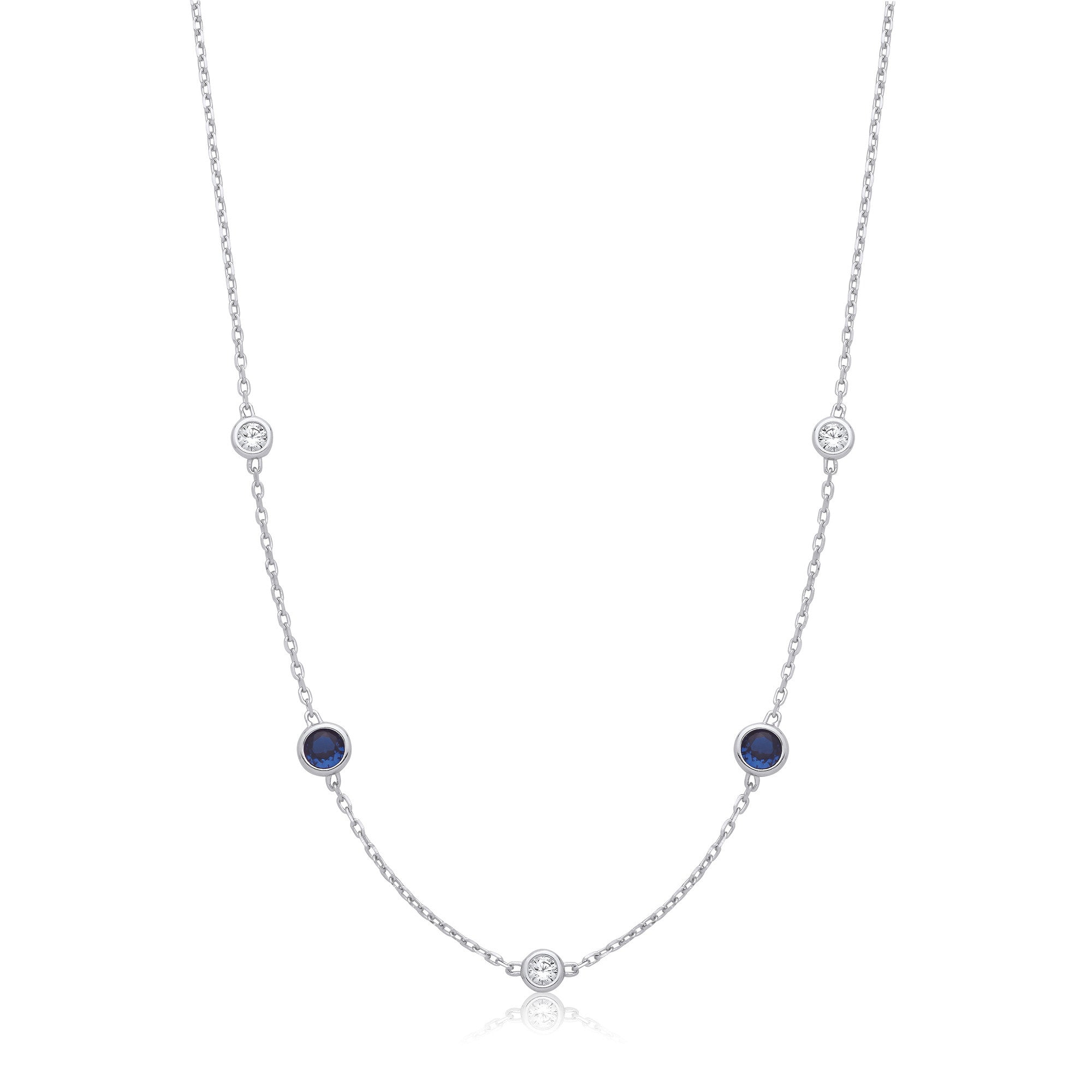 Sterling Silver Rh.Plated Rubover 5 Blue & Clear Cubic Zirconia's Necklace