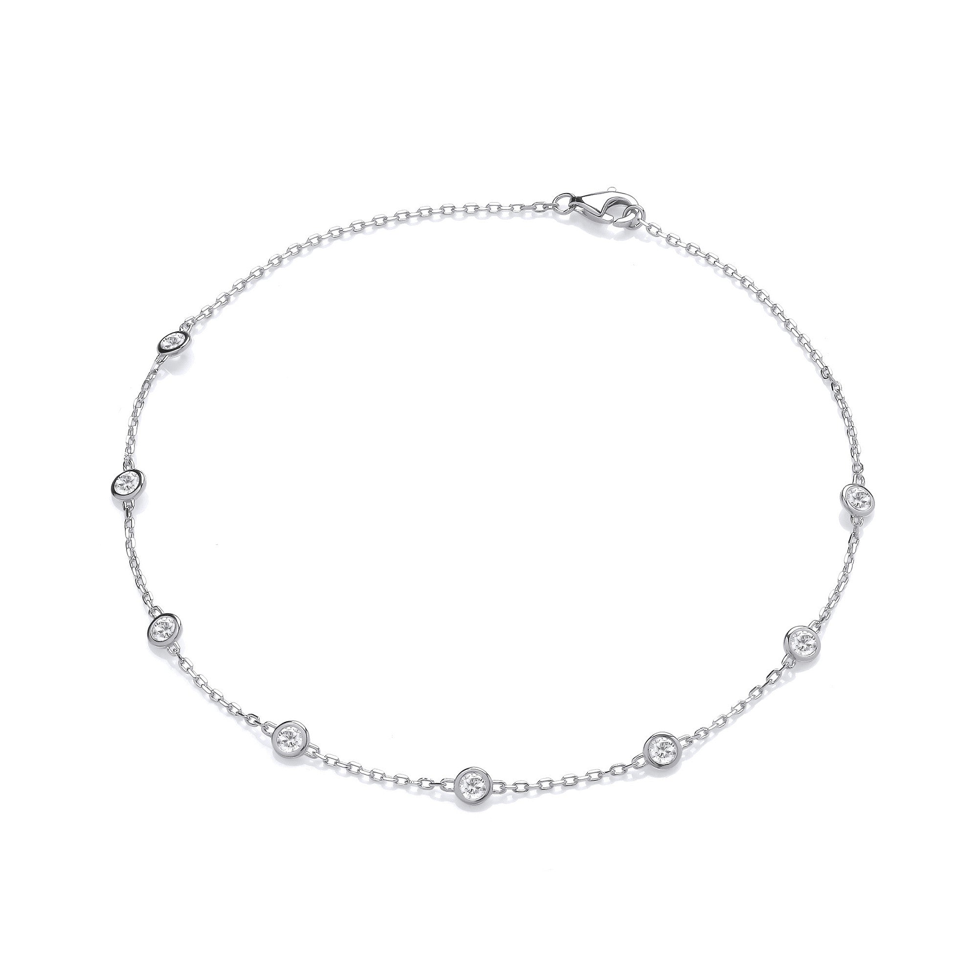 Sterling Silver 8 Rubover Clear Cubic Zirconia's Ladies Anklet