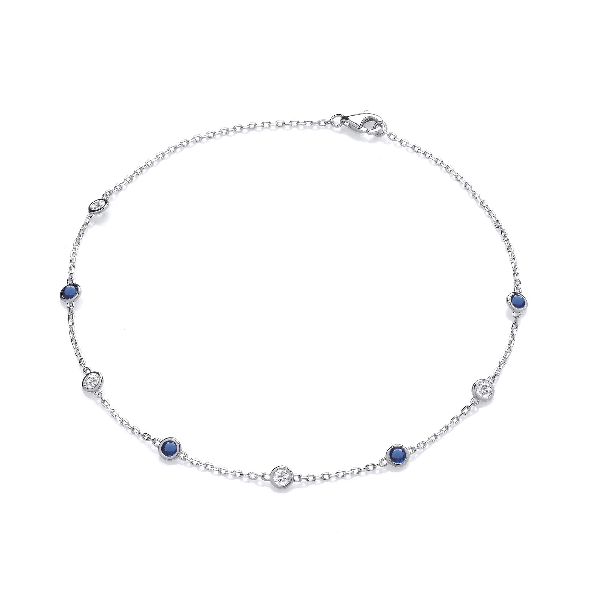Sterling Silver Rubover Blue & Clear Cubic Zirconia's Ladies Anklet