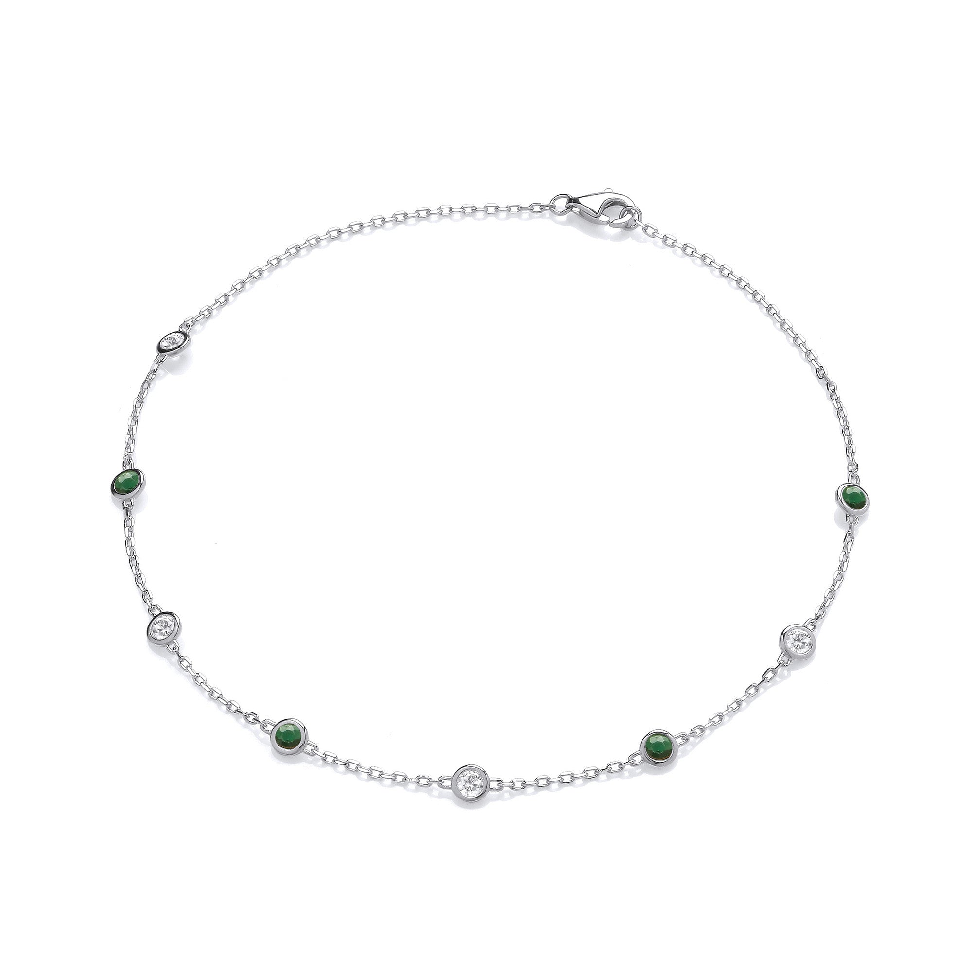 Sterling Silver Rubover Green & Clear Cubic Zirconia's Ladies Anklet