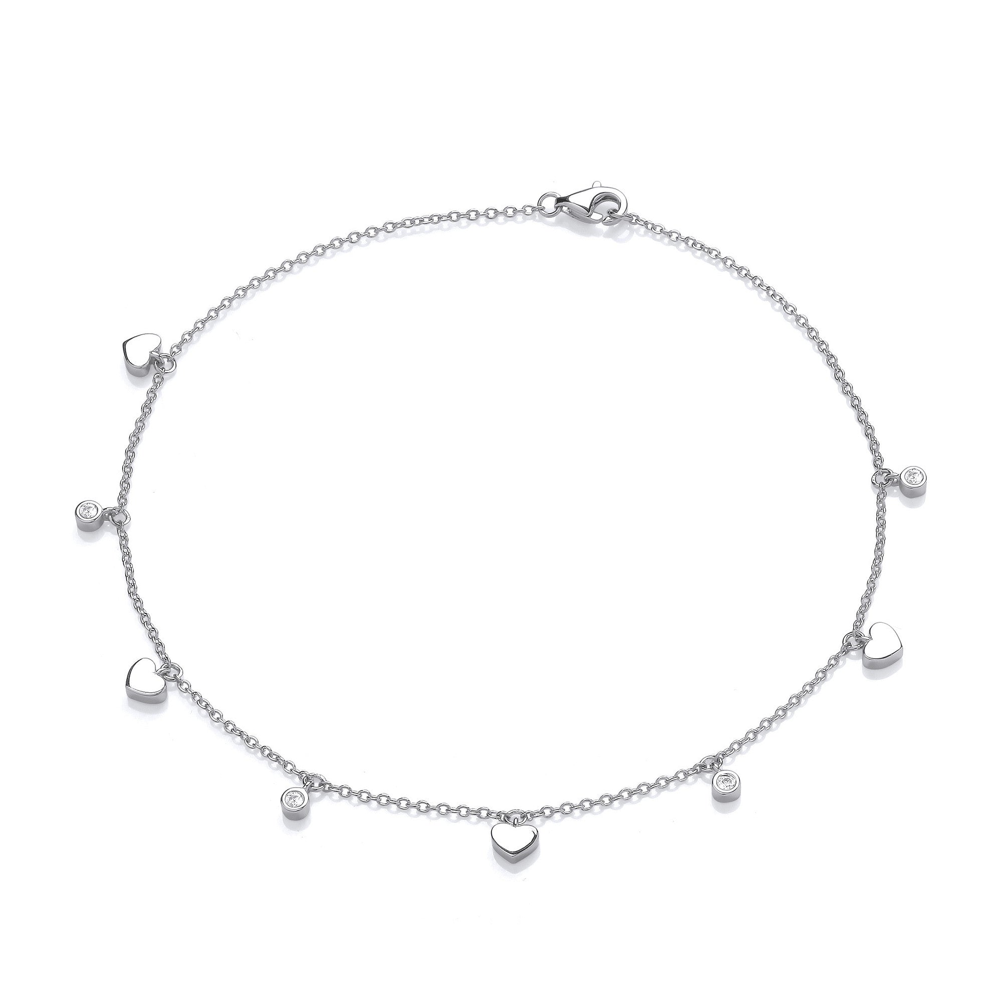 Sterling Silver Hearts and Round Cubic Zirconia's Ladies Anklet