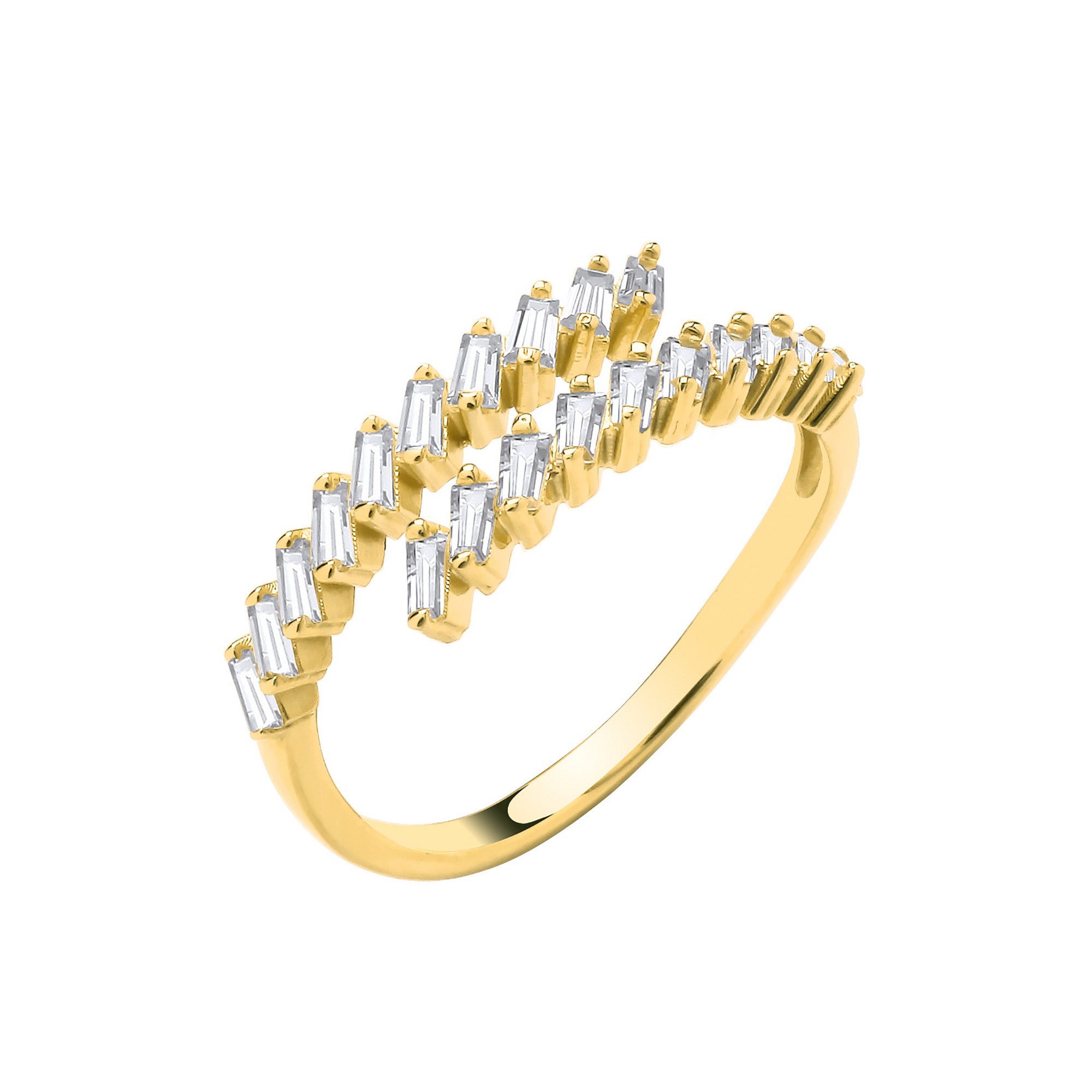 9ct Yellow Gold Cross-Over Cubic Zirconia Baguettes Ladies Ring
