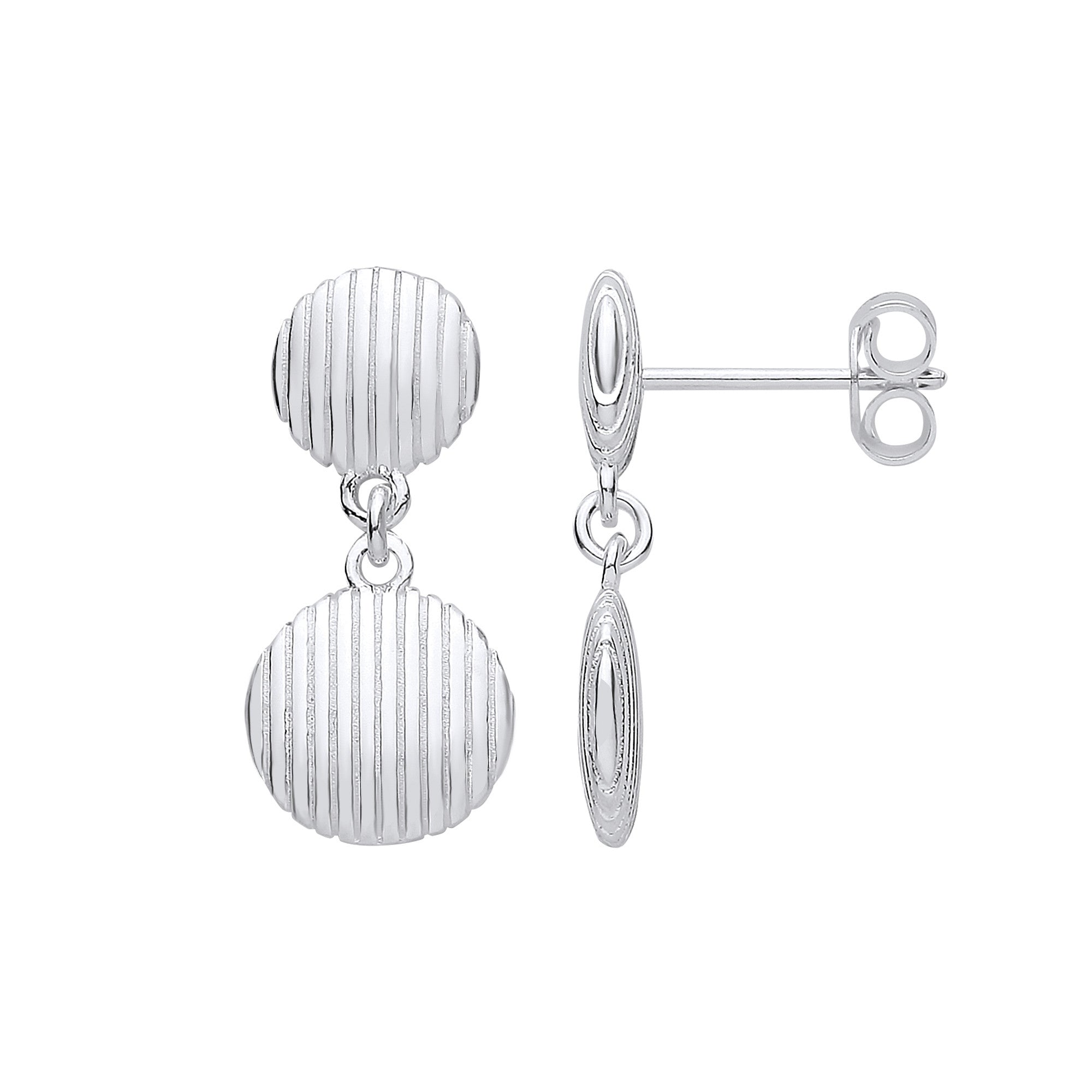 Sterling Silver Button Ribbed Drop Earrings