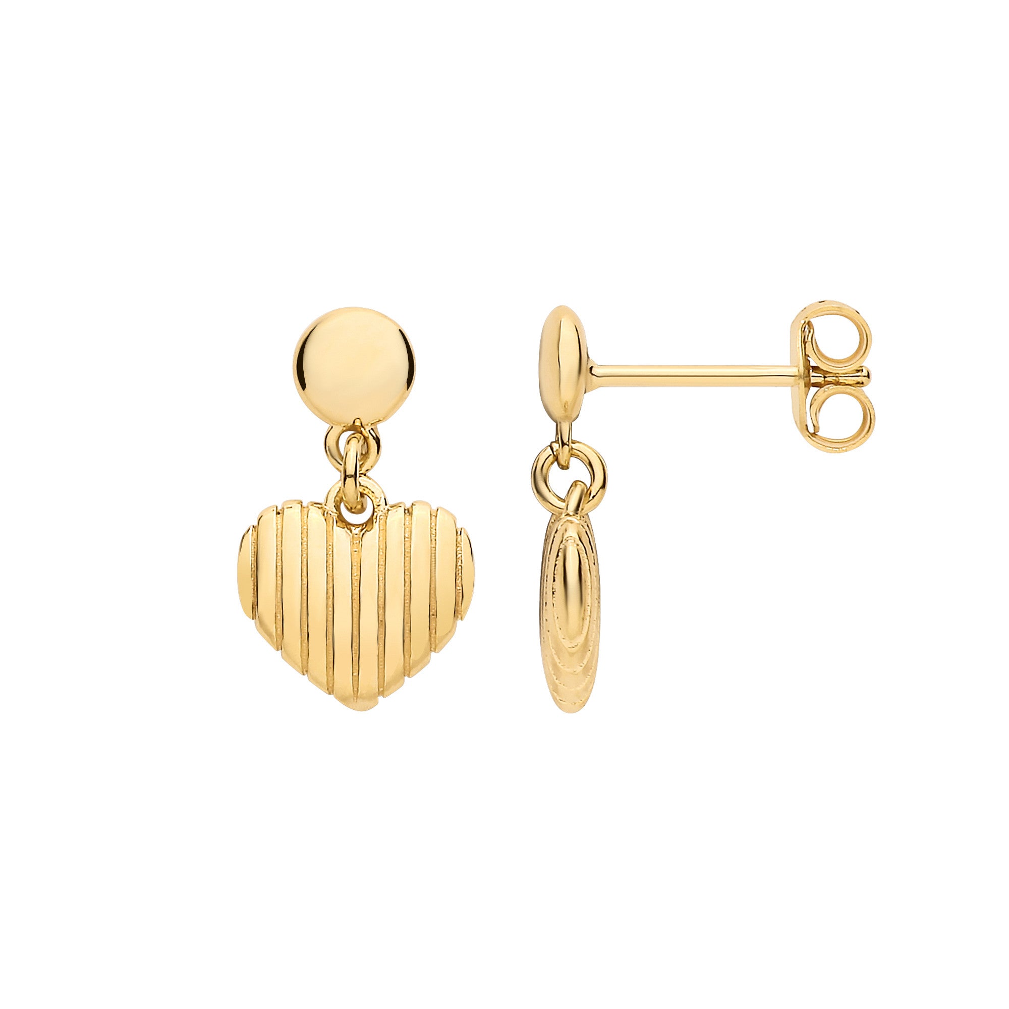 Sterling Silver Yellow Gold Plated Heart Ribbed Drop Earrings