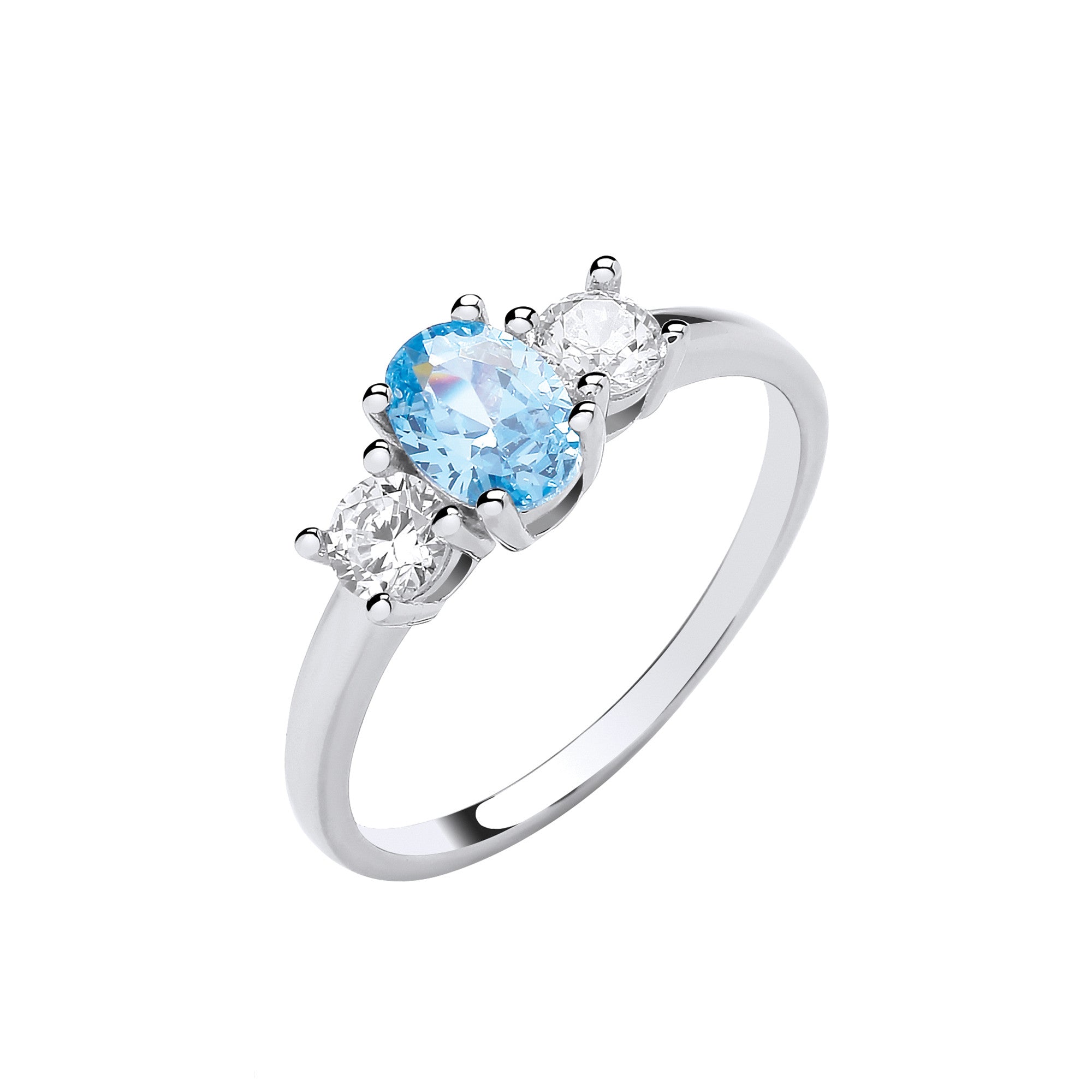Sterling Silver Trilogy Ring Clear Round & Oval Aquamarine Blue Cubic Zirconias