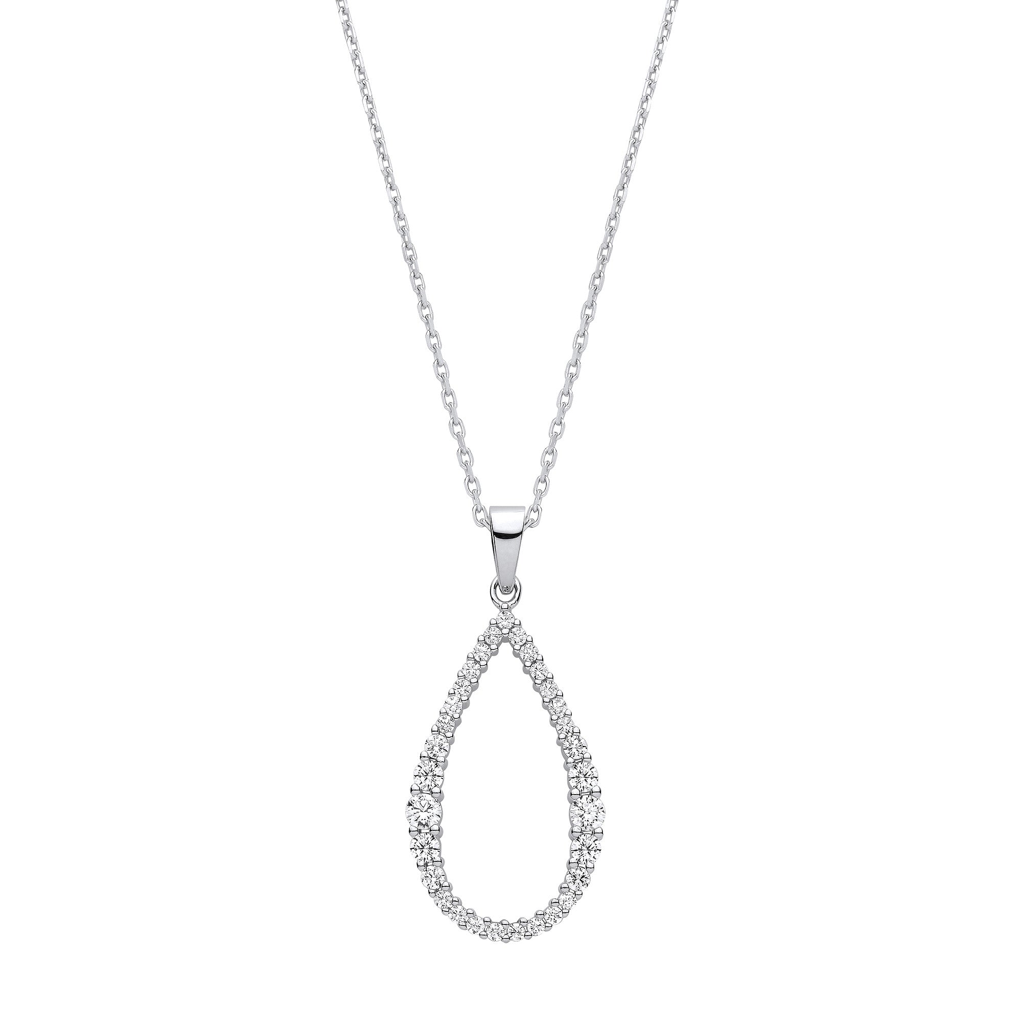Sterling Silver Teardrop Cubic Zirconia Long Pendant on 16-18" Chain