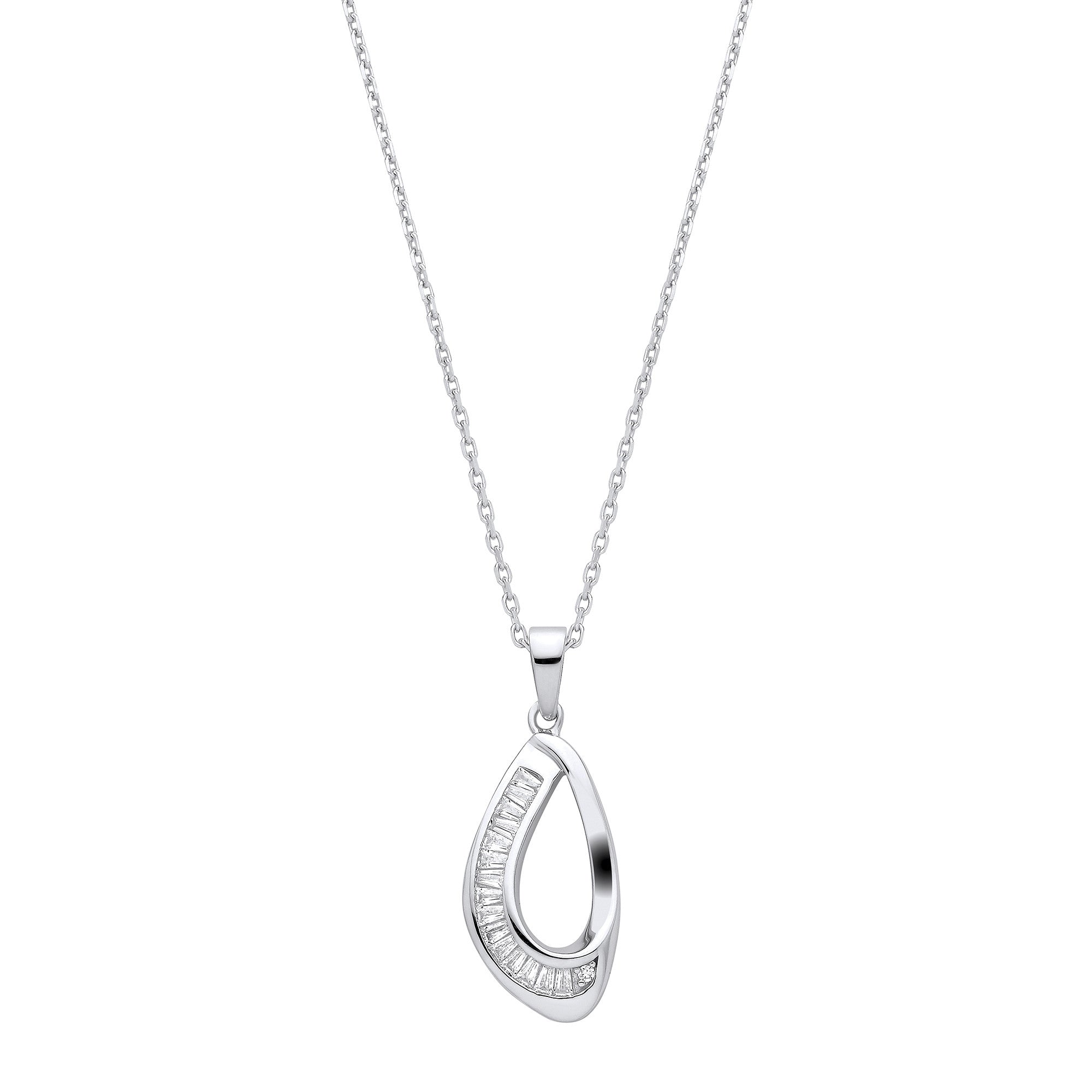 Sterling Silver Baguette Cubic Zirconias Open Teardrop Pendant with Chain