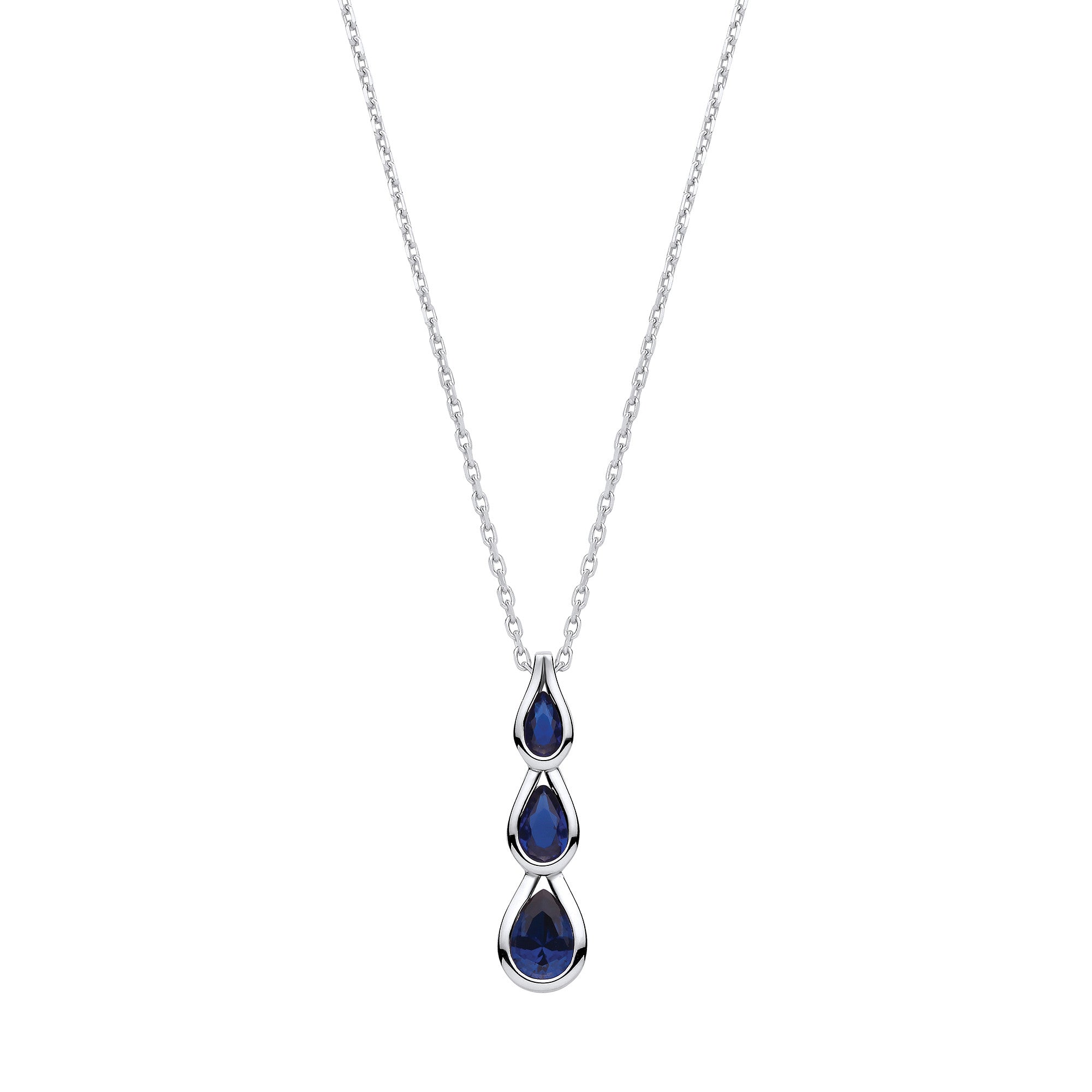 Blue Pear Shaped Cubic Zirconias Sterling Silver Pendant with Chain