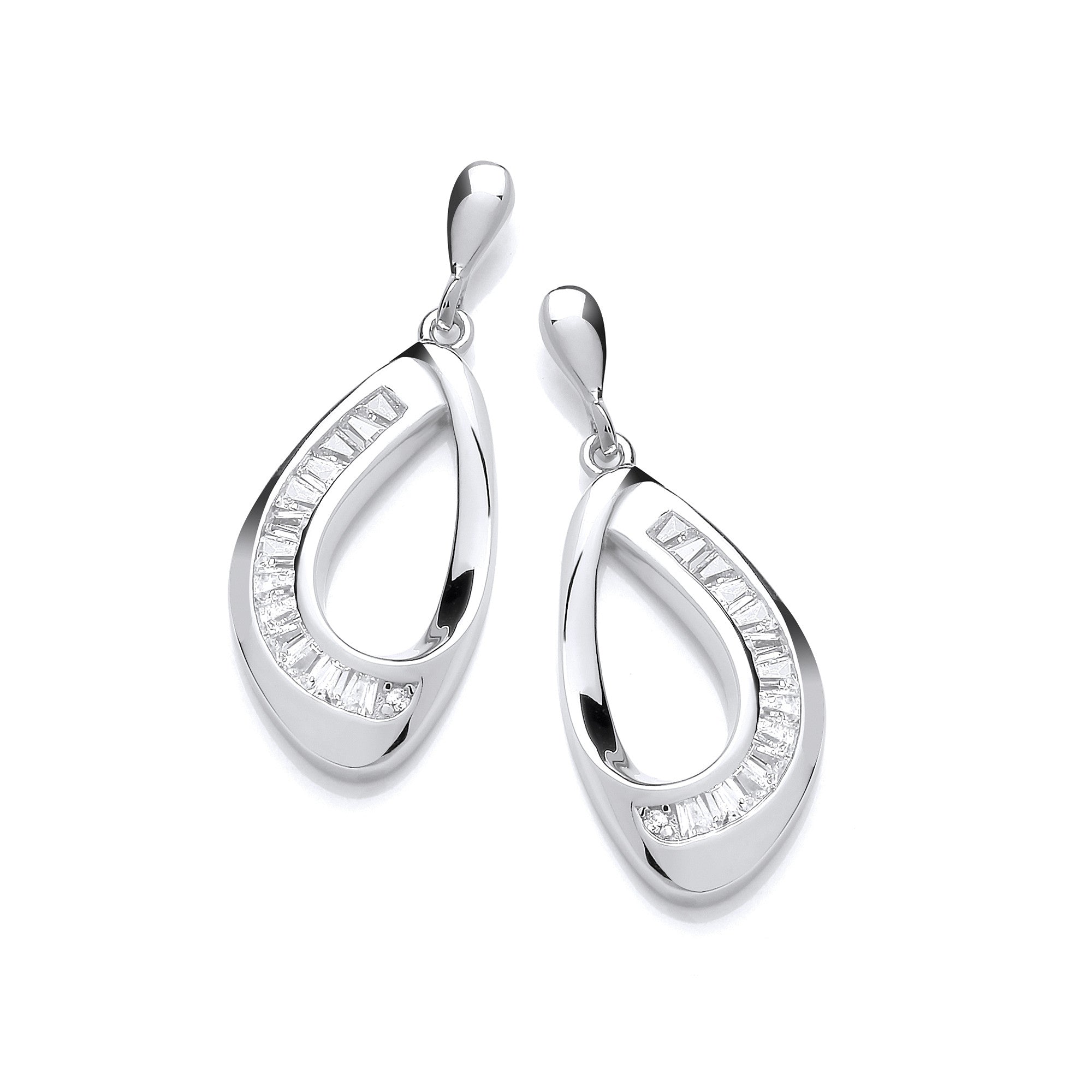 Sterling Silver Baguette Cubic Zirconias Open Teardrop Earrings