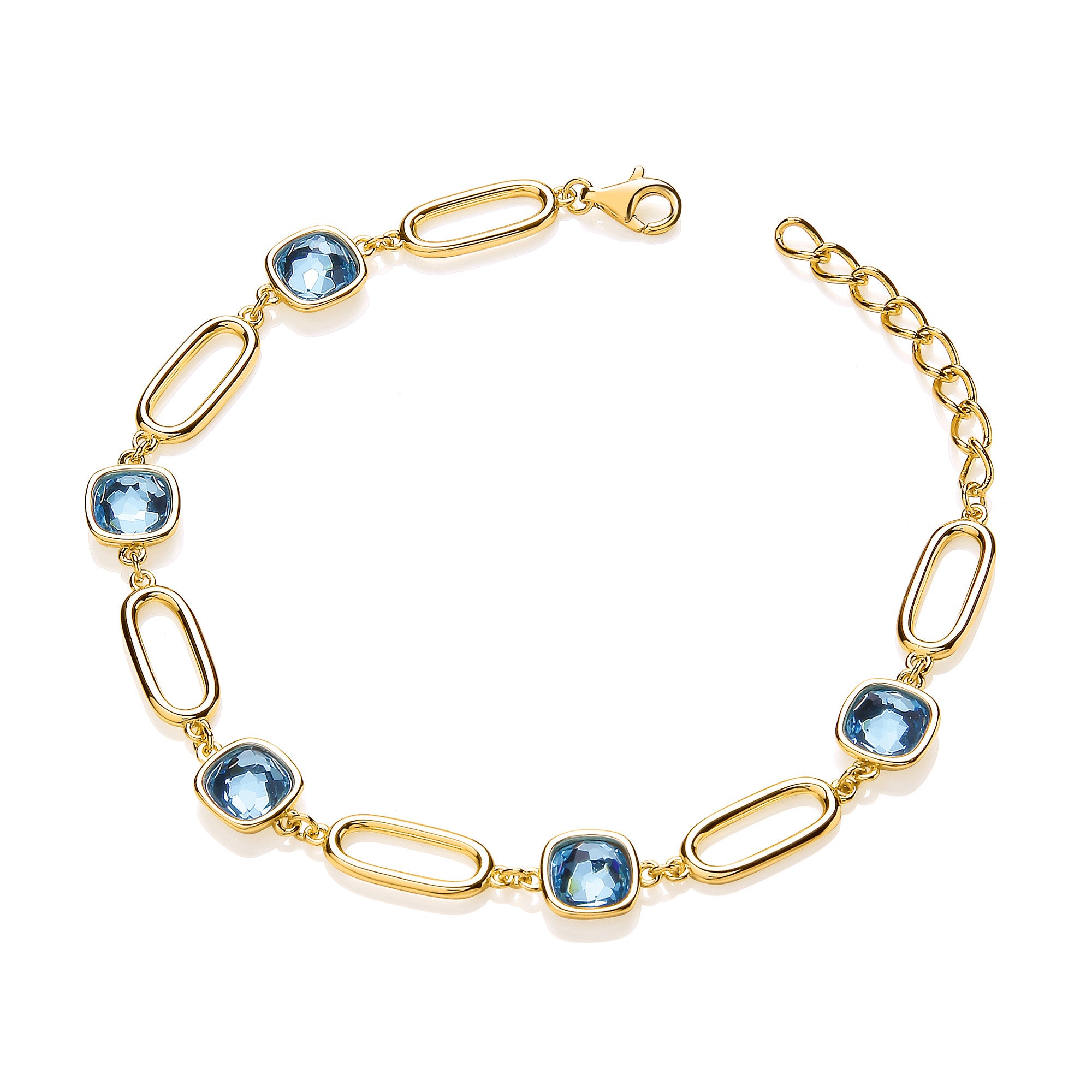 Yellow Gold Plated Sterling Silver Cushion Cut Blue Customized Glass Ladies Bracelet