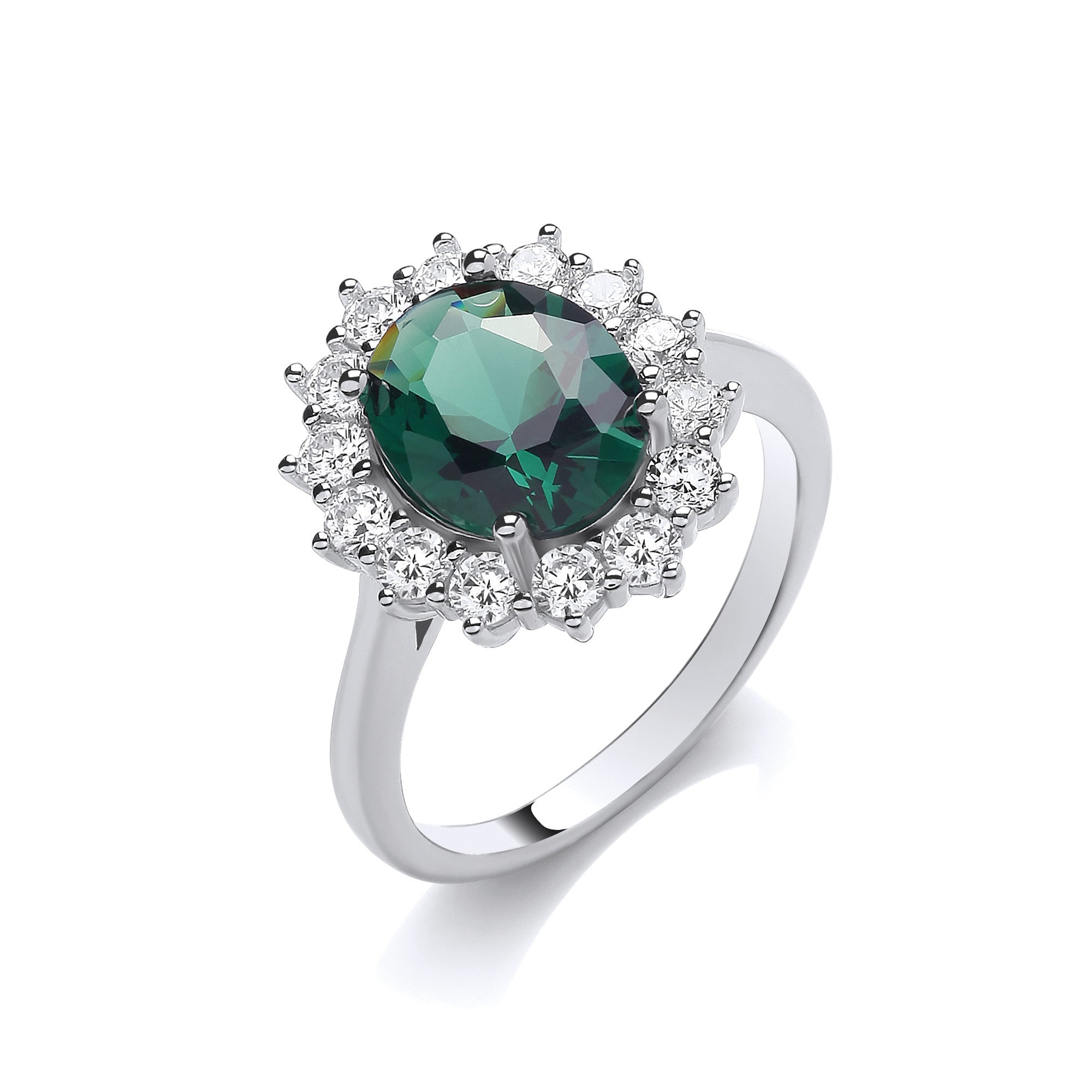 Oval Green Nano Crystal Halo Style Ladies Sterling Silver Ring