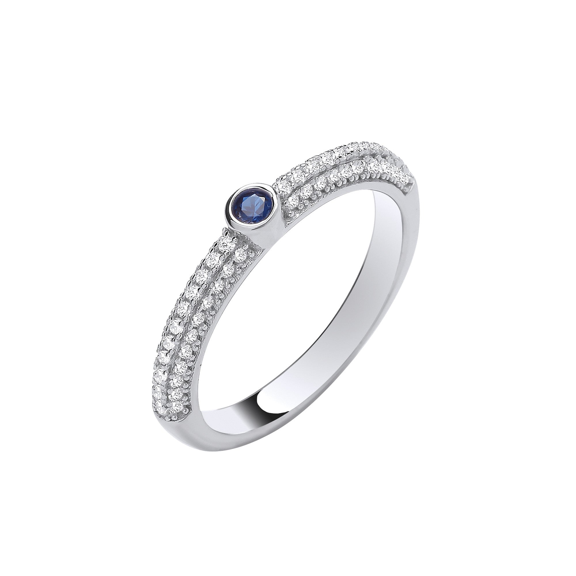 Sterling Silver Blue Sapphire Cubic Zirconia Rubover Half Eternity Ring