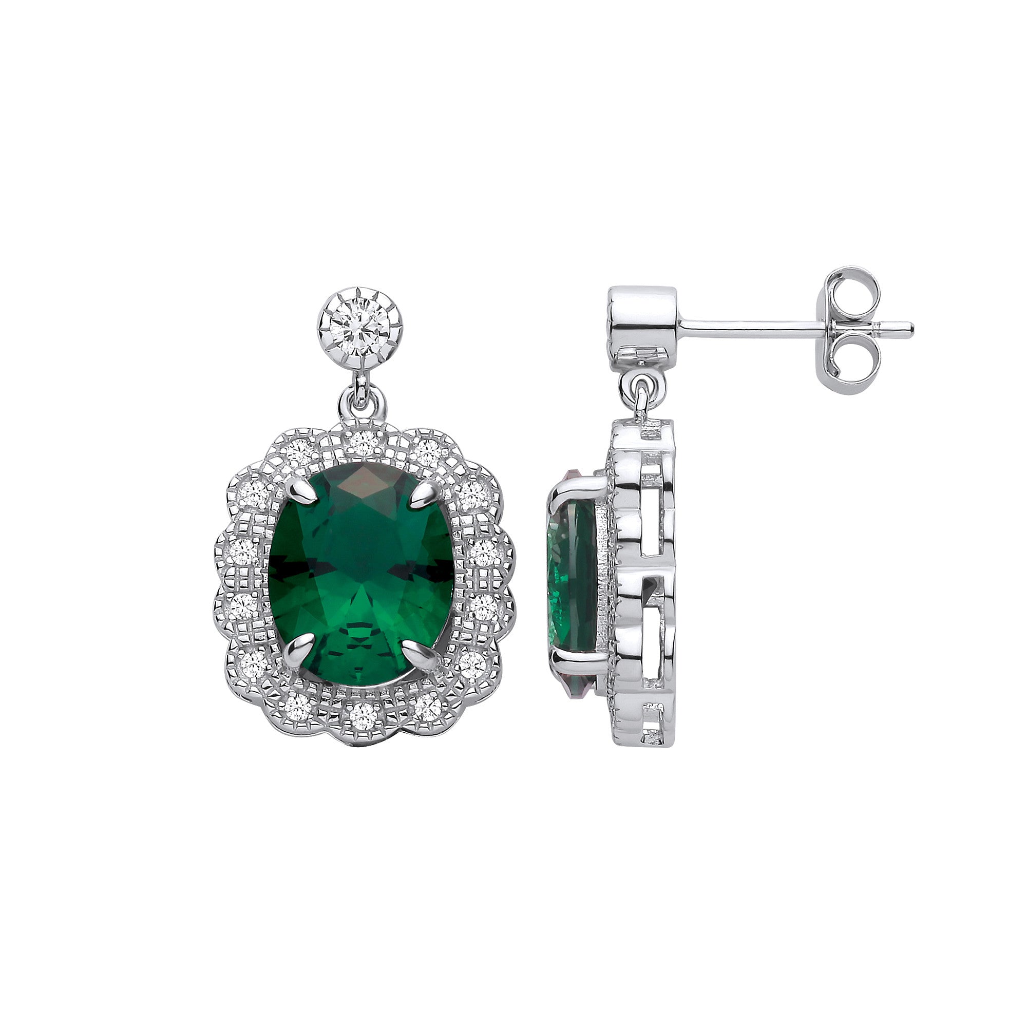 Sterling Silver Halo Drop Green Cubic Zirconia Earrings