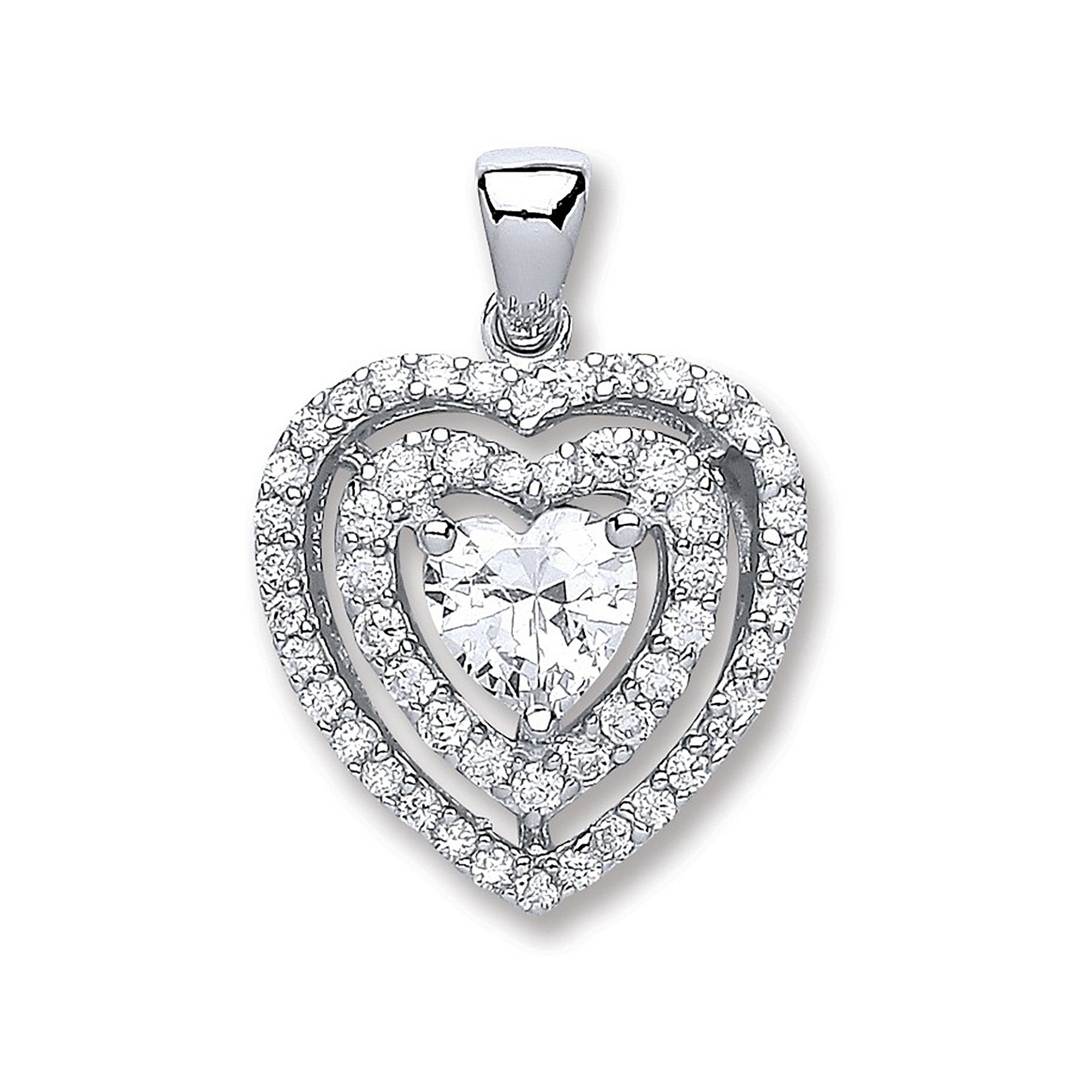 Sterling Silver Heart Cubic Zirconia with Two Row of Cubic Zirconia's Pendant