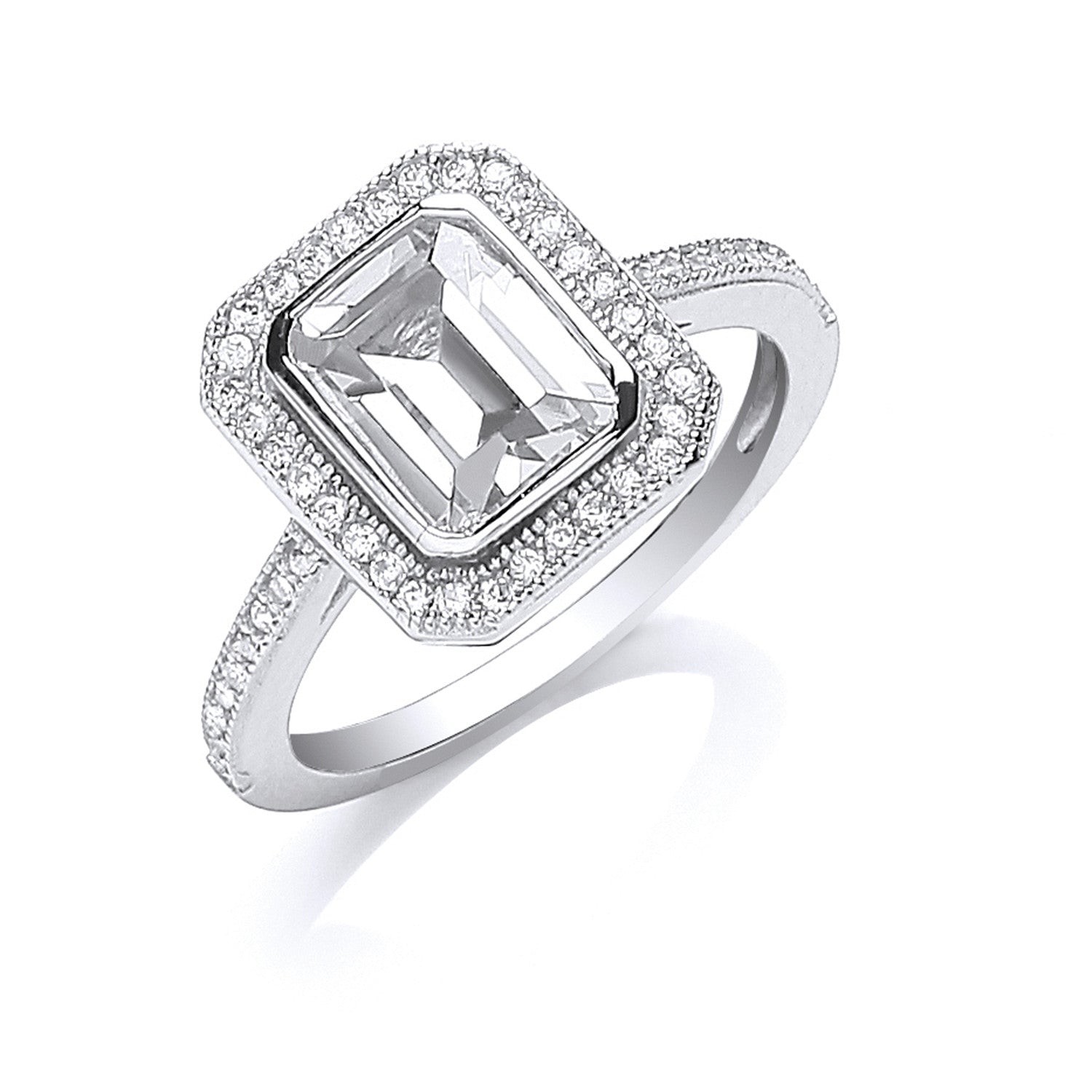 Sterling Silver Emerald Cut Cubic Zirconia Centre Ring
