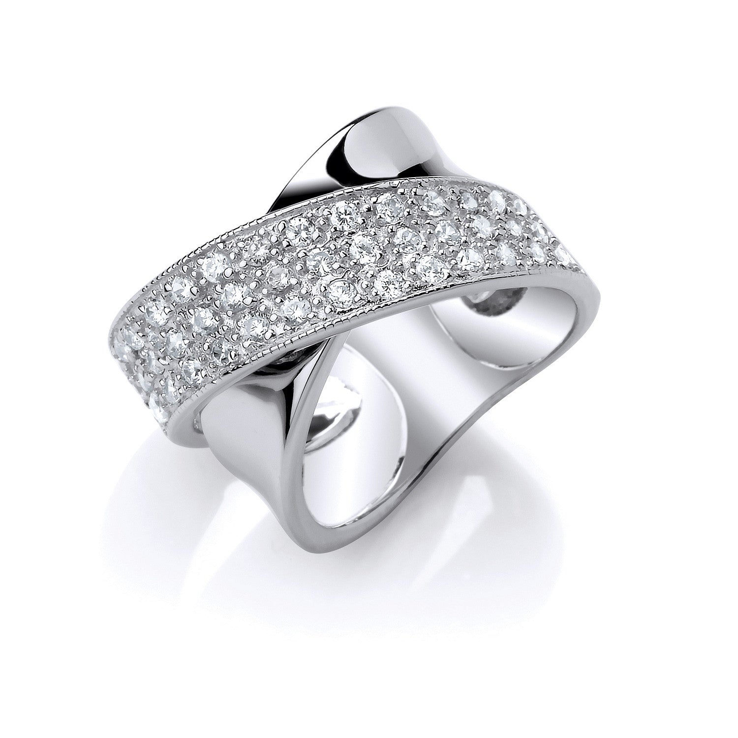 Sterling Silver Pave Set Cubic Zirconia Cross Over Ring