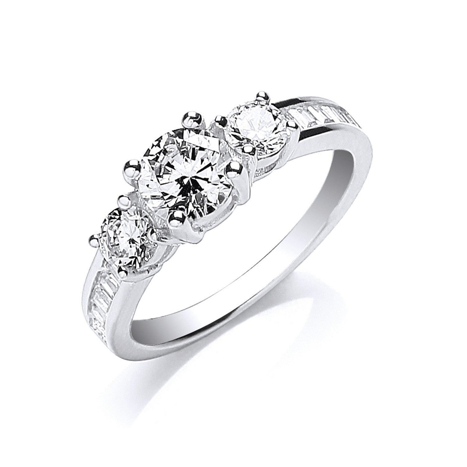 Sterling Silver Trilogy Round Brilliant with Baguettes on Shoulder Ring