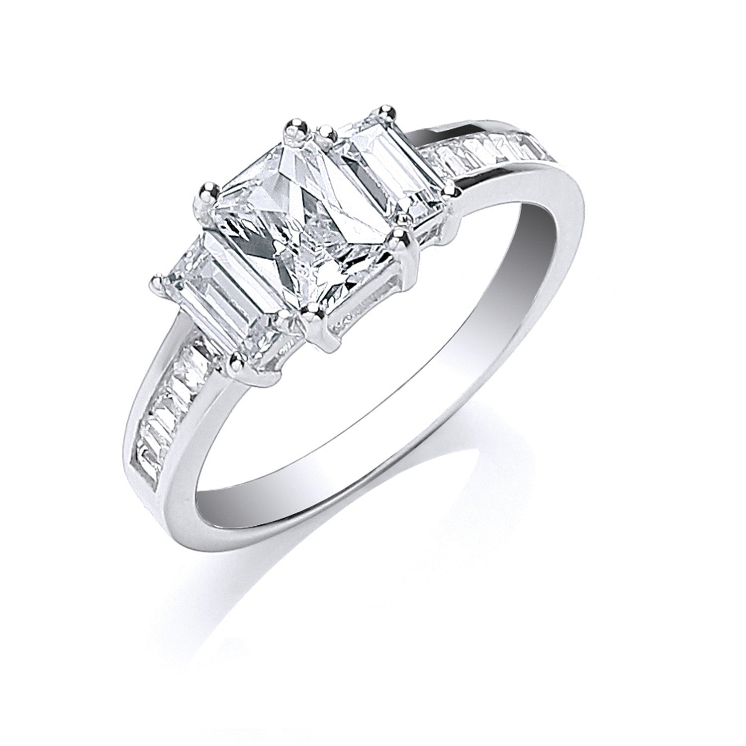 Sterling Silver Trilogy with Baguettes Cubic Zirconia & on Shoulder Ring