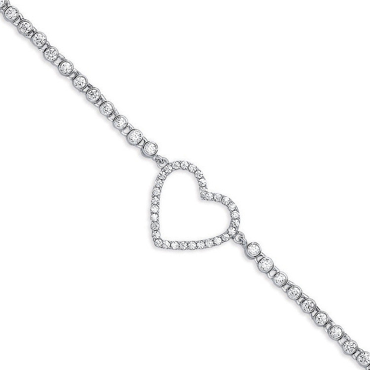 Sterling Silver Heart Cubic Zirconia Ladies Bracelet